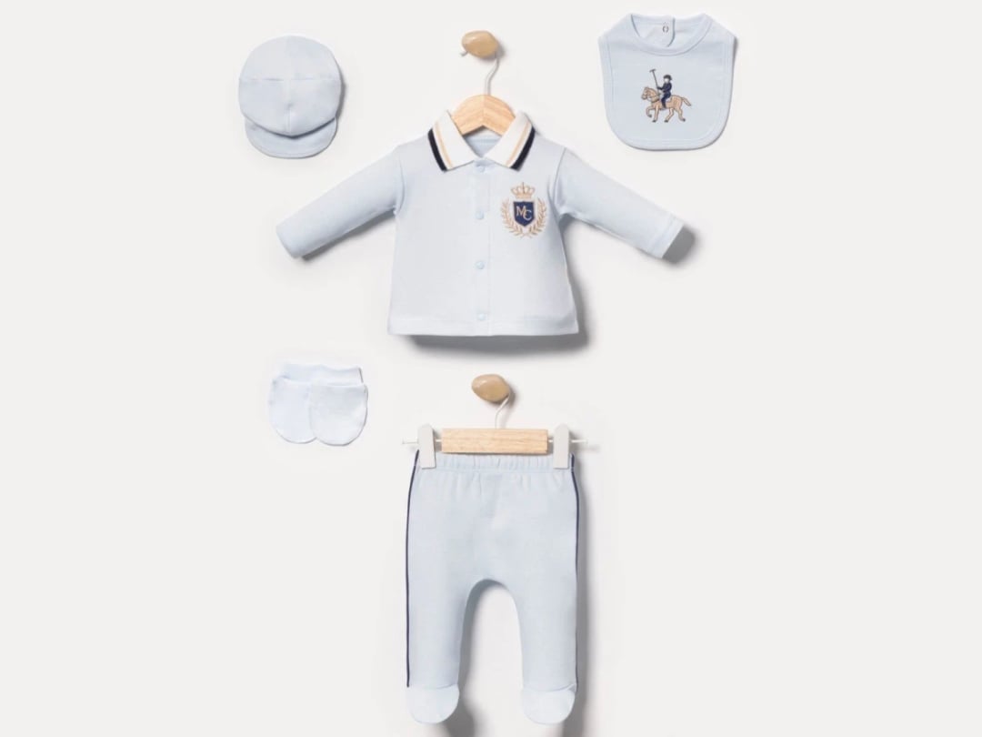 Newborn Baby Boy Hospital Exit Set with Collar, Cap, and Mittens - Light Blue - Cayzen - by Peralane