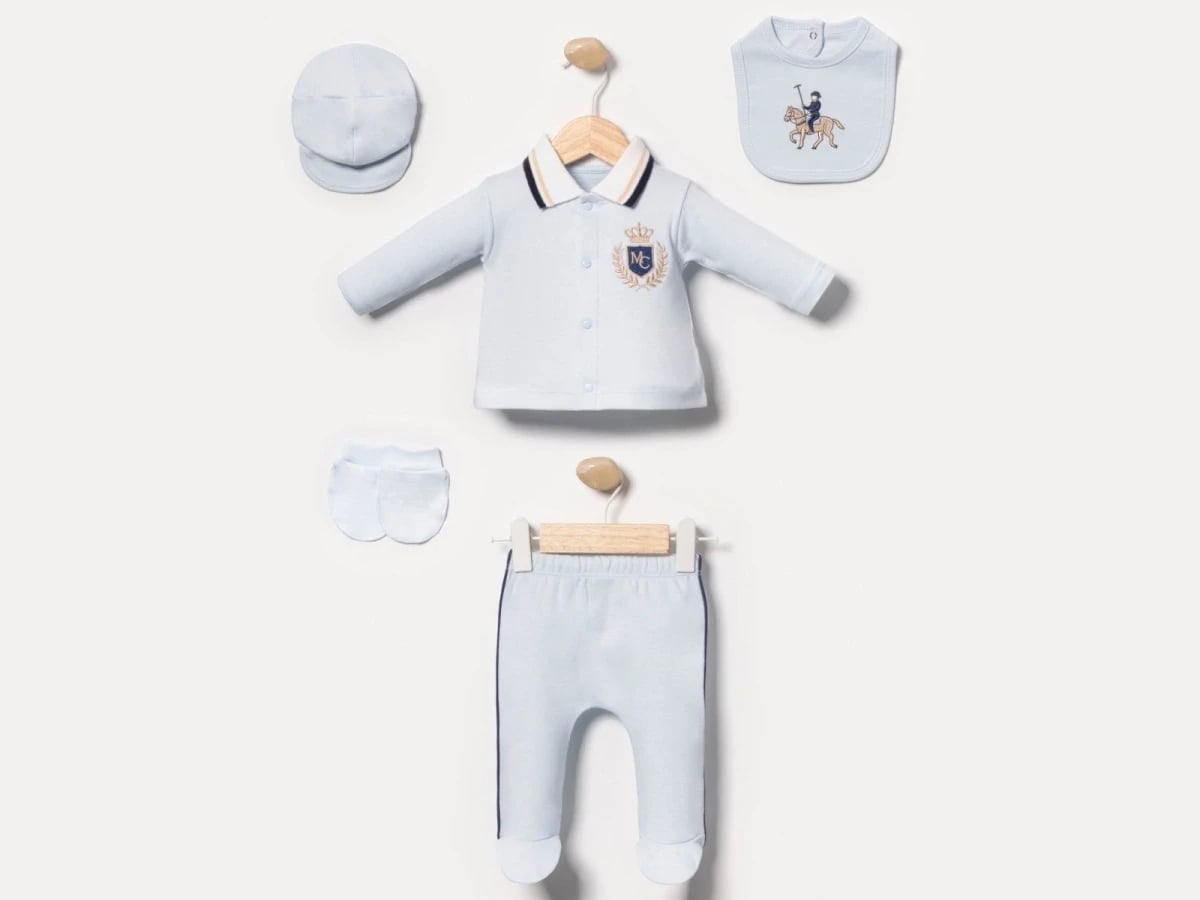 Newborn Baby Boy Hospital Exit Set with Collar, Cap, and Mittens - Light Blue - Cayzen - by Peralane