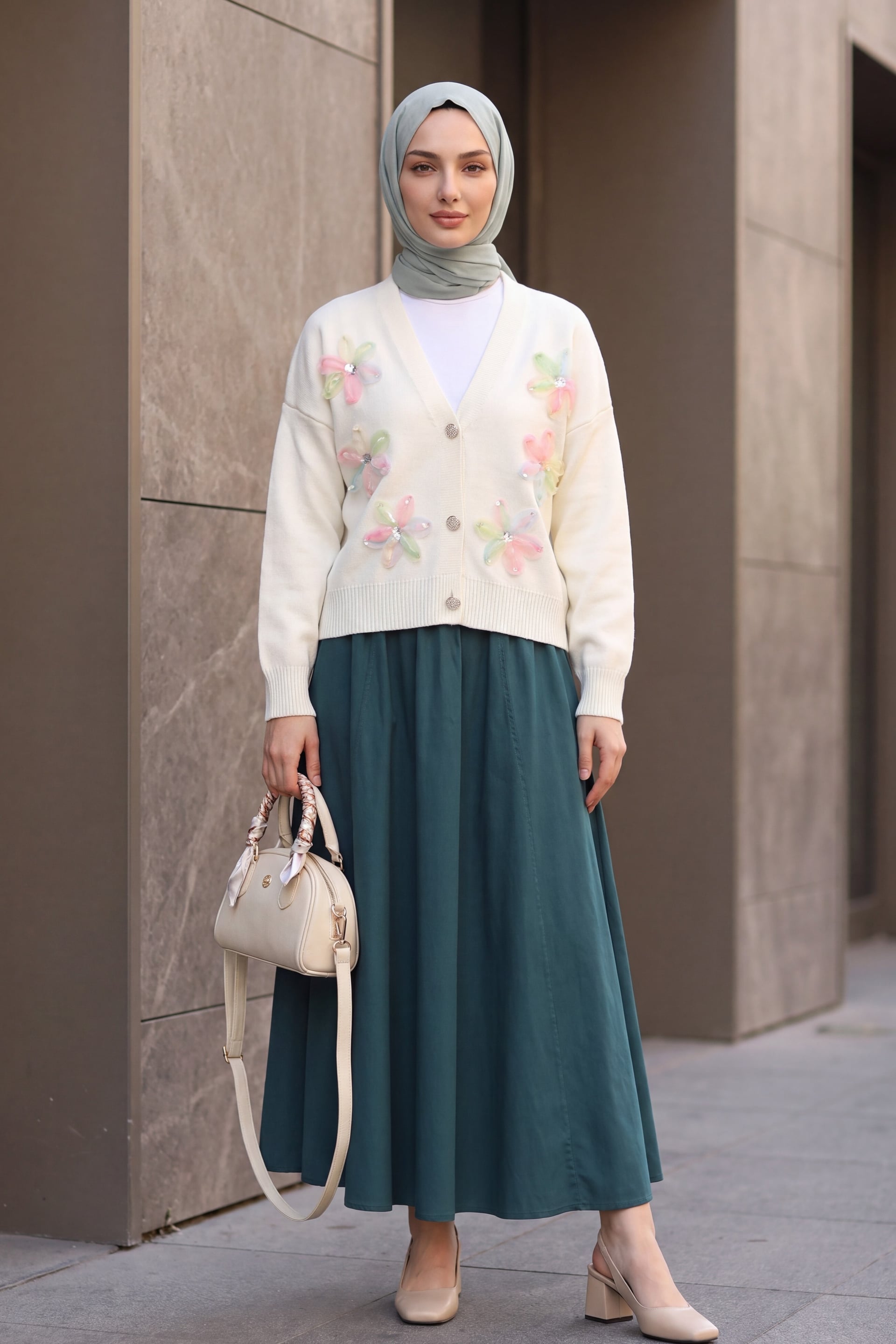 Sequin and Floral Appliqué Buttoned Knit Cardigan - Ecru - Podyumplus - by Peralane - photo 2