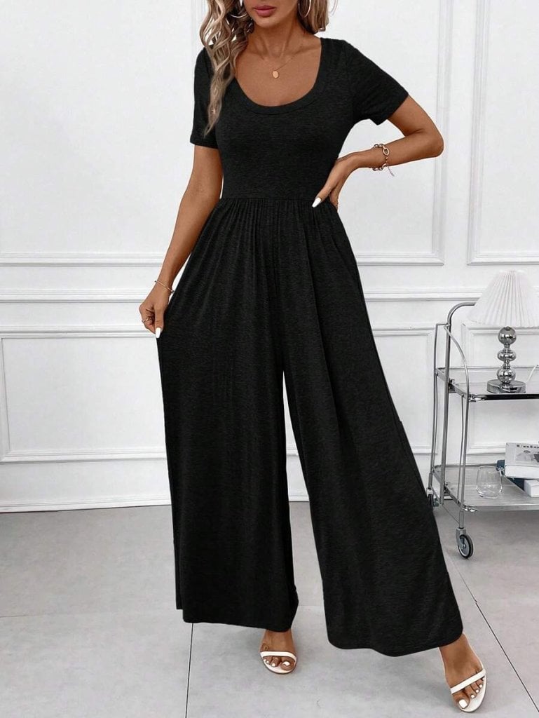Women's Black Short Sleeve Scoop Neck Jersey Jumpsuit - Janes - by Peralane