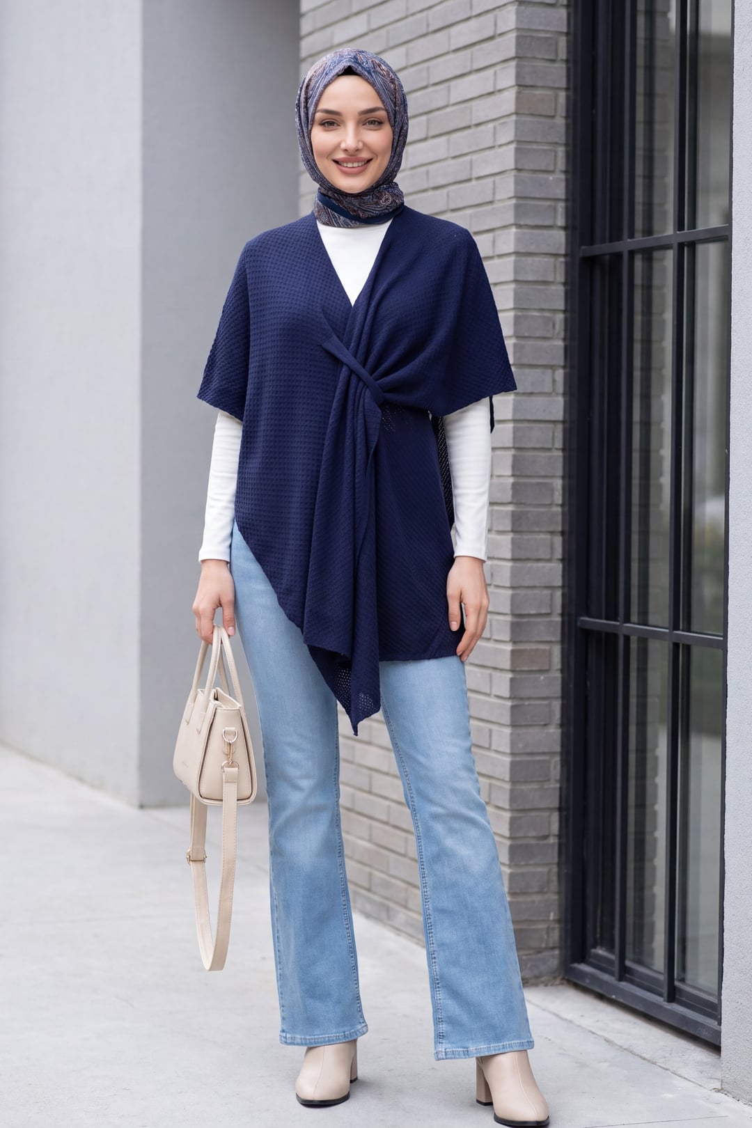 Navy Blue Loose Fit Knit Poncho Tunic - Podyumplus - by Peralane - photo 3