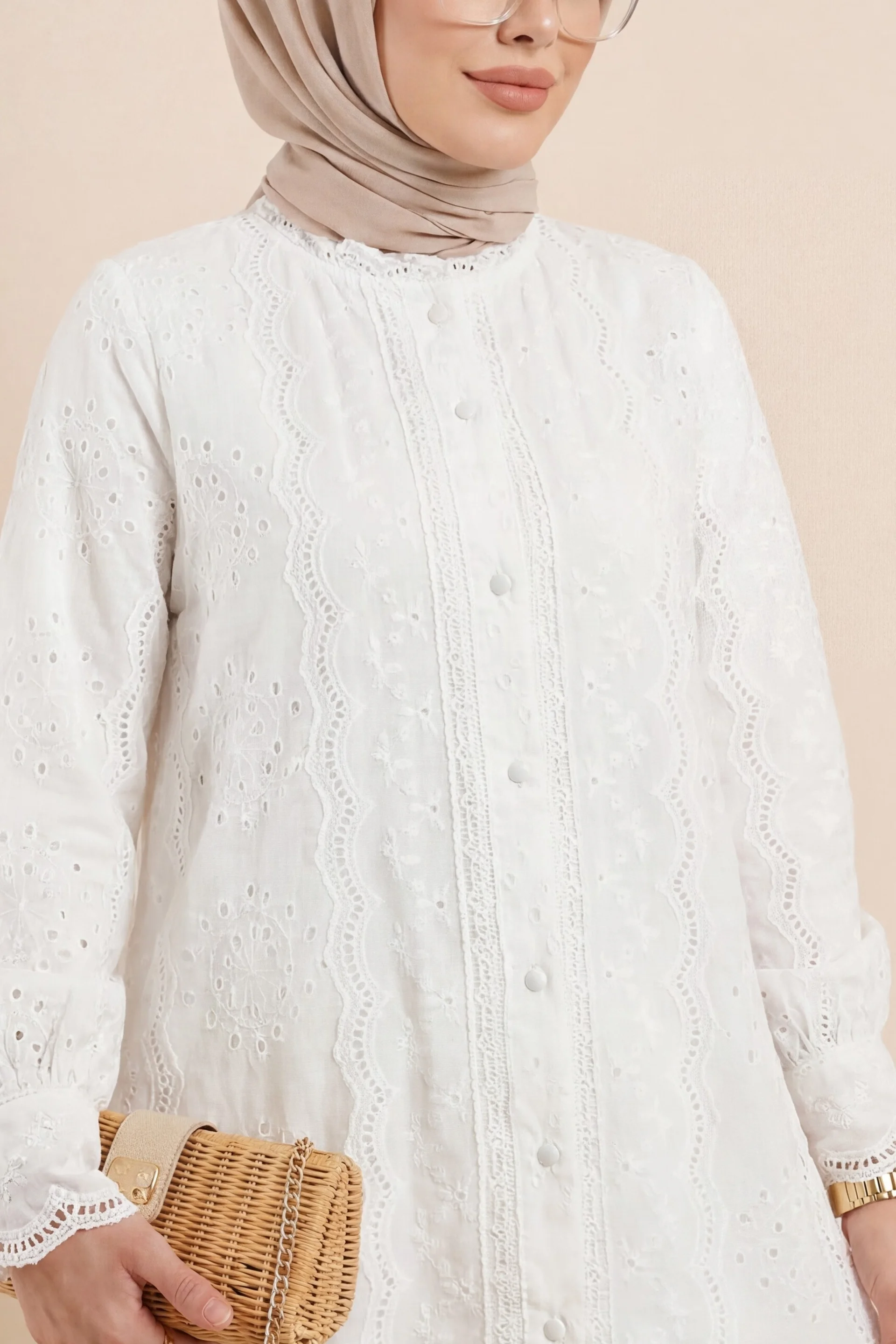 White Lace Collar and Cuff Lined Blouse with Top Button Closure - Podyumplus - by Peralane - photo 5