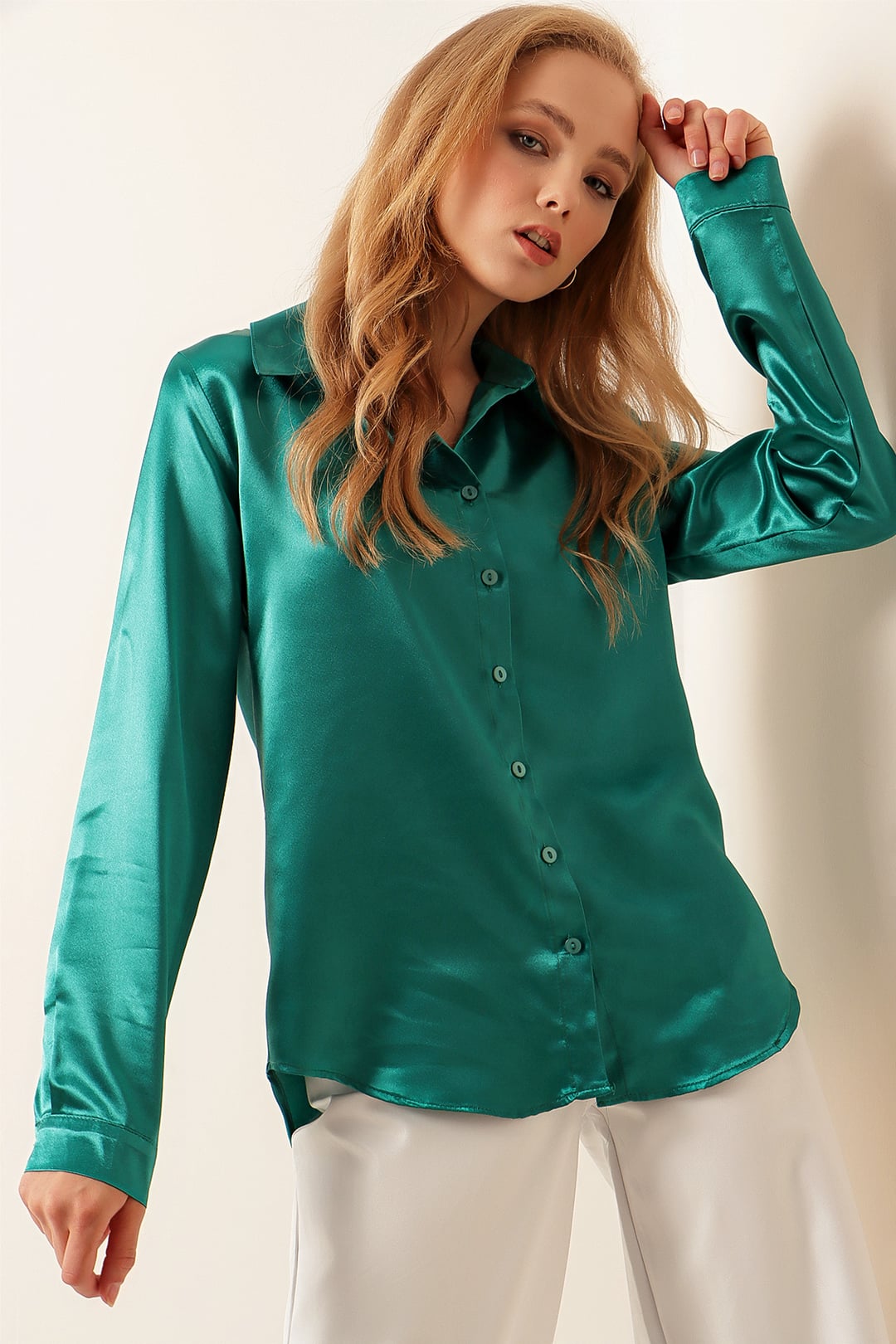 Emerald Green Long-Sleeved Satin Shirt - Bigdart - by Peralane - photo 4