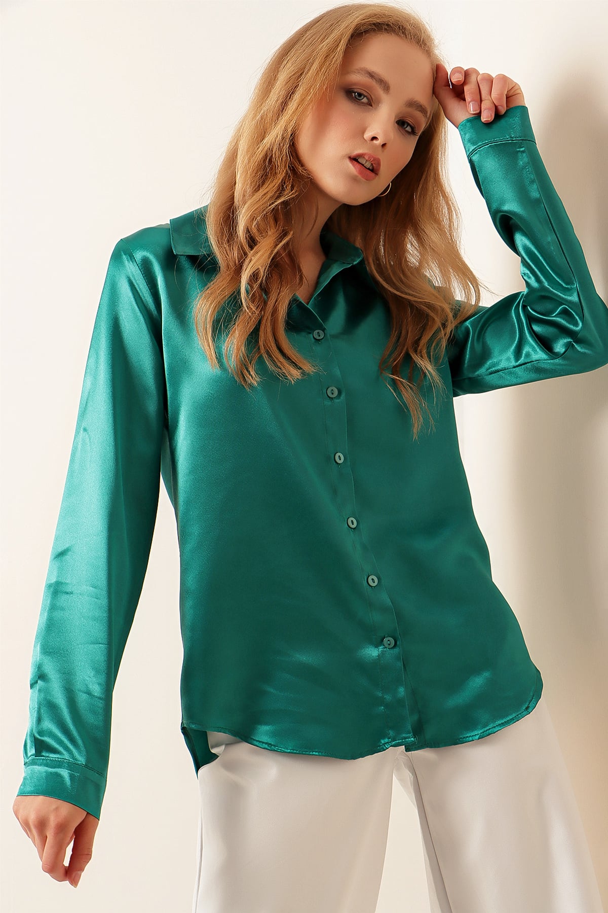 Emerald Green Long-Sleeved Satin Shirt - Bigdart - by Peralane - photo 4