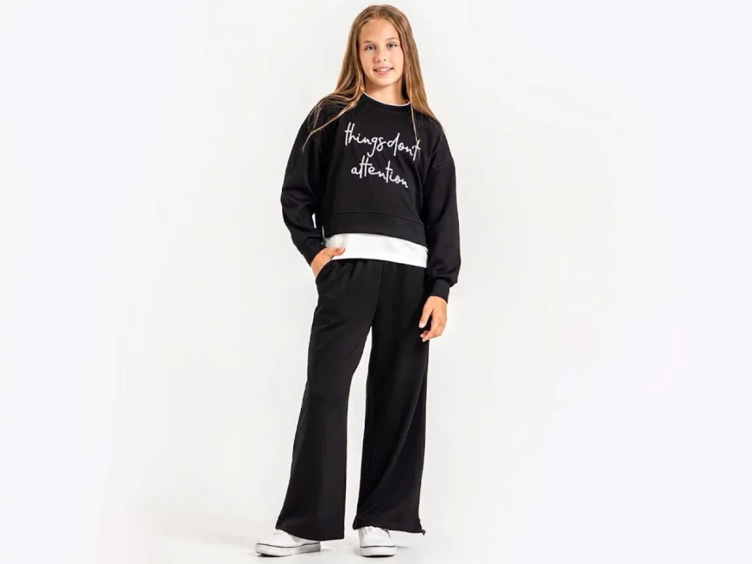 Black Printed Girls' Sweatshirt and Trousers Set - ÖZ Bebe - by Peralane