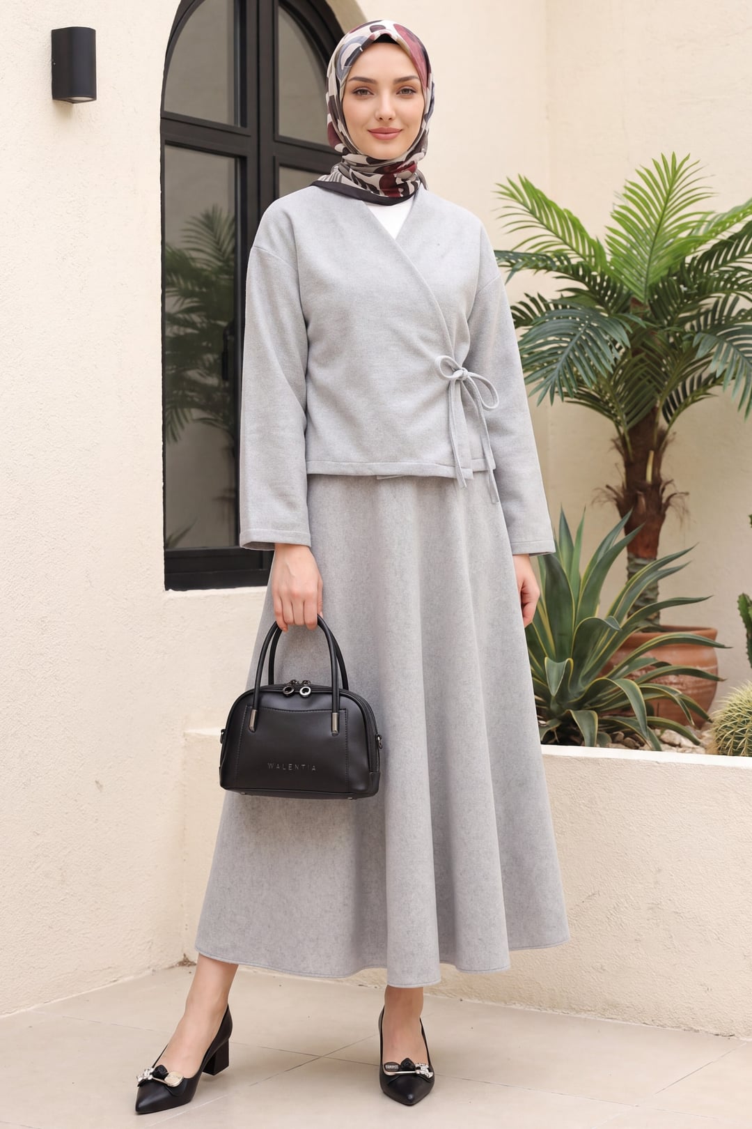 Front-Tie Pleated Skirt and Kimono Jacket Set in Grey - Podyumplus - by Peralane - photo 3
