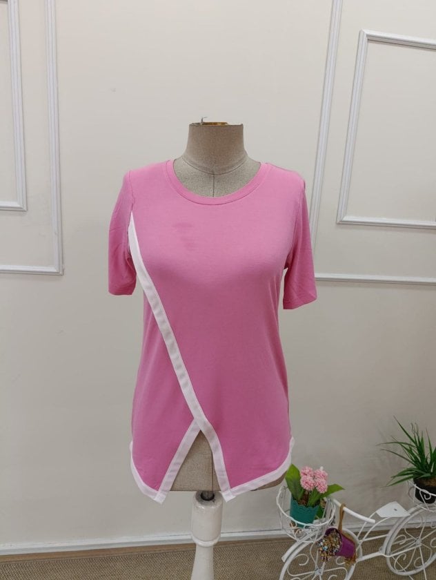 Women's Short Sleeve Crew Neck Viscose Blouse - Bright Pink with White Crossover Hem - Janes - by Peralane - photo 5