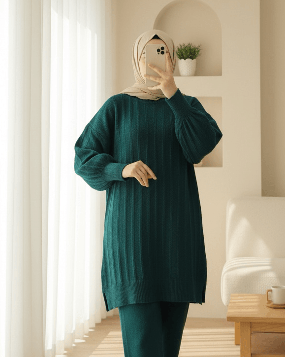 Ribbed Slit Soft Knit Tunic - Emerald - Podyumplus - by Peralane