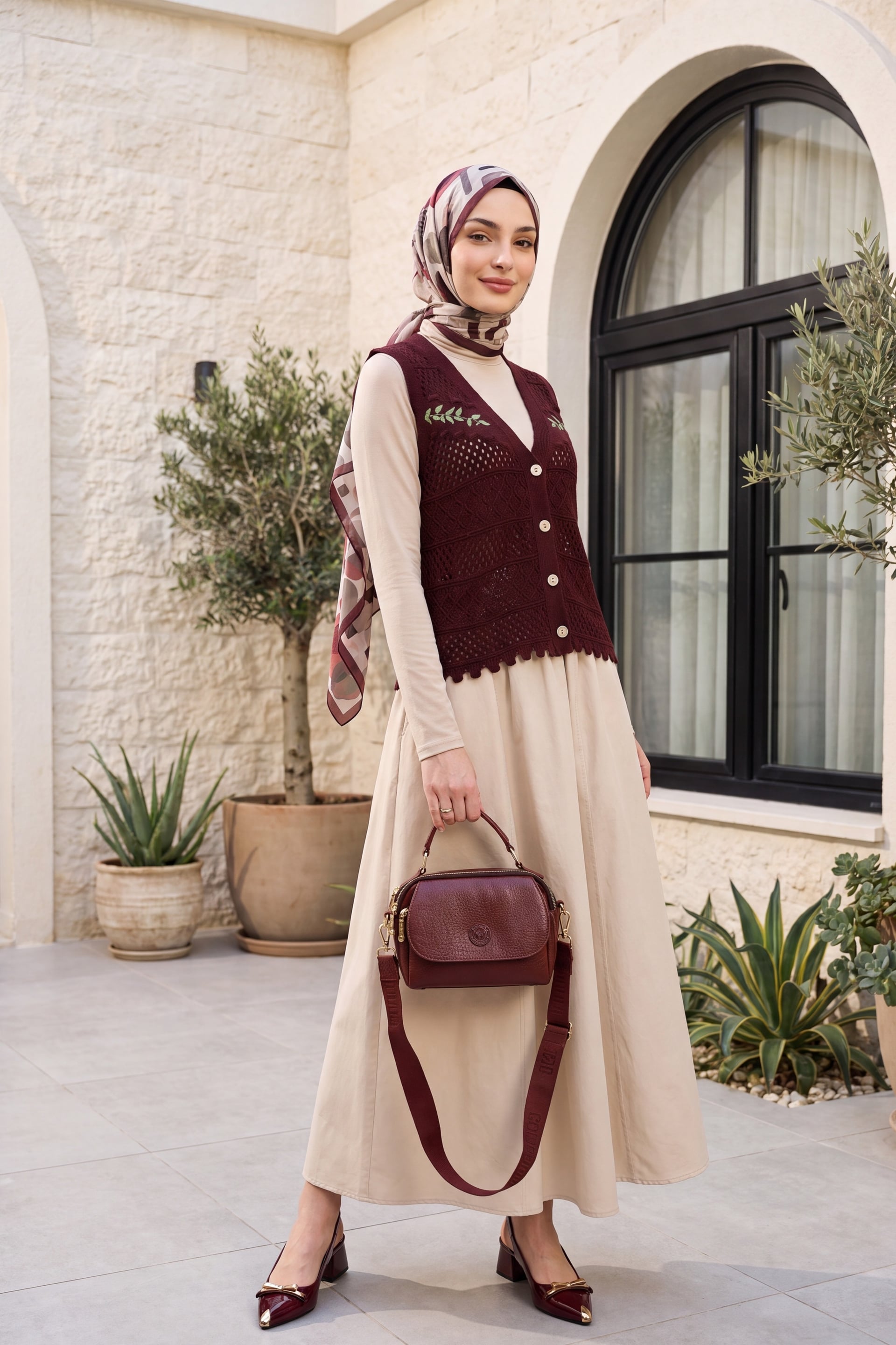 Leaf Embroidered Eyelet Pompom Knitted Vest - Burgundy - Podyumplus - by Peralane - photo 3