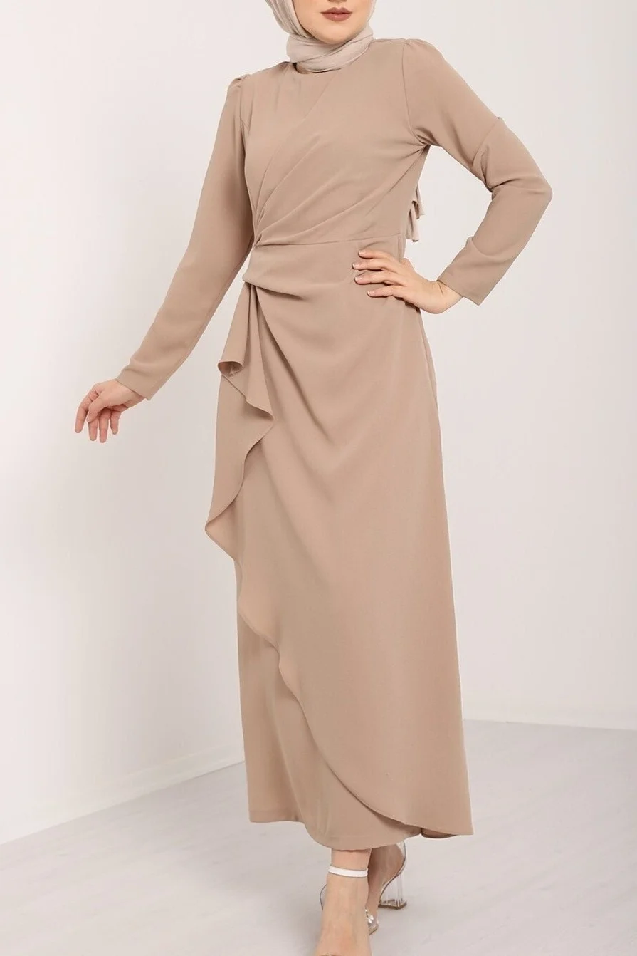Beige Asymmetric Wrap Crepe Dress with Long Sleeves - Podyumplus - by Peralane - photo 4