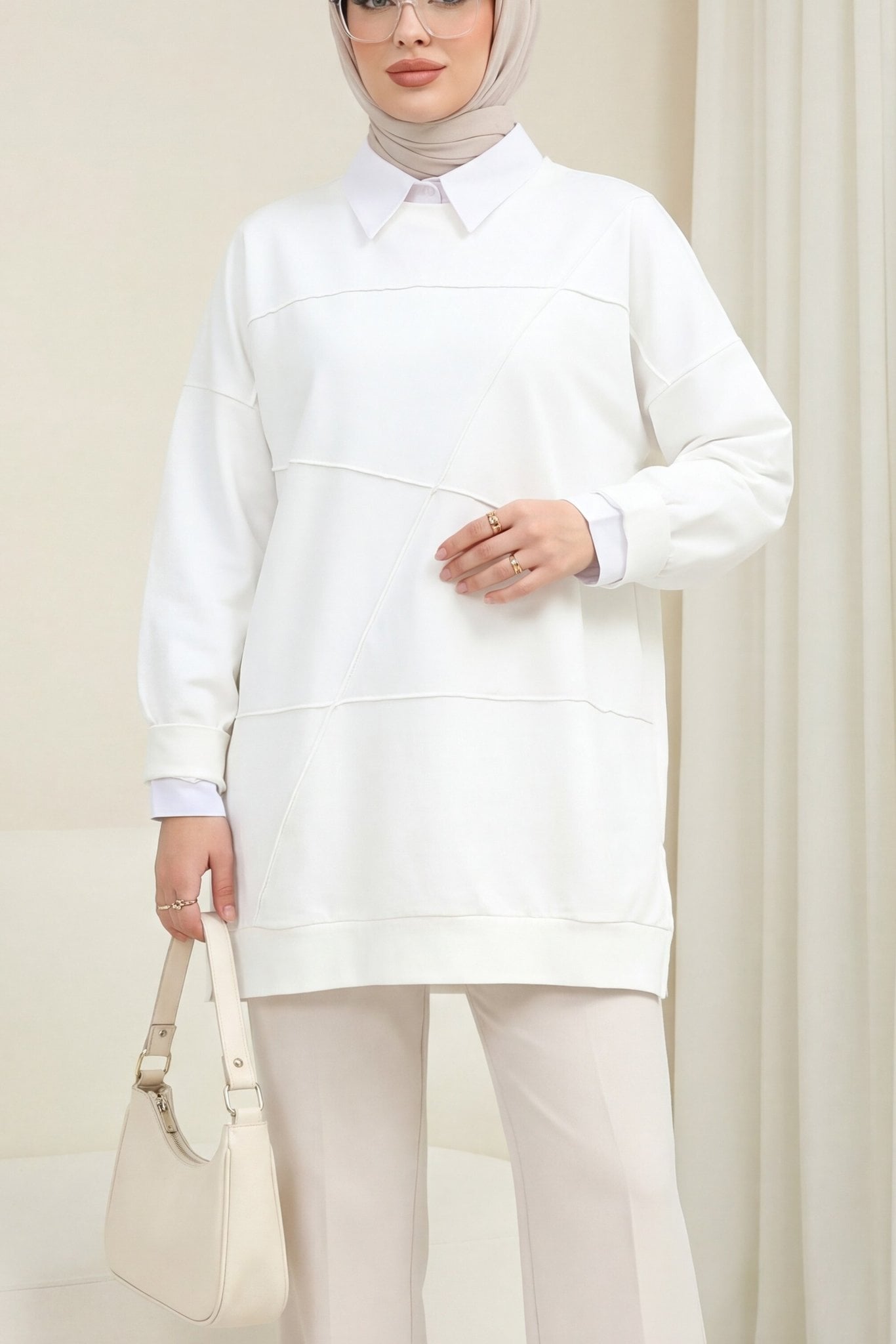 Round Neck Slit Casual Knit Tunic - White - Podyumplus - by Peralane - photo 3