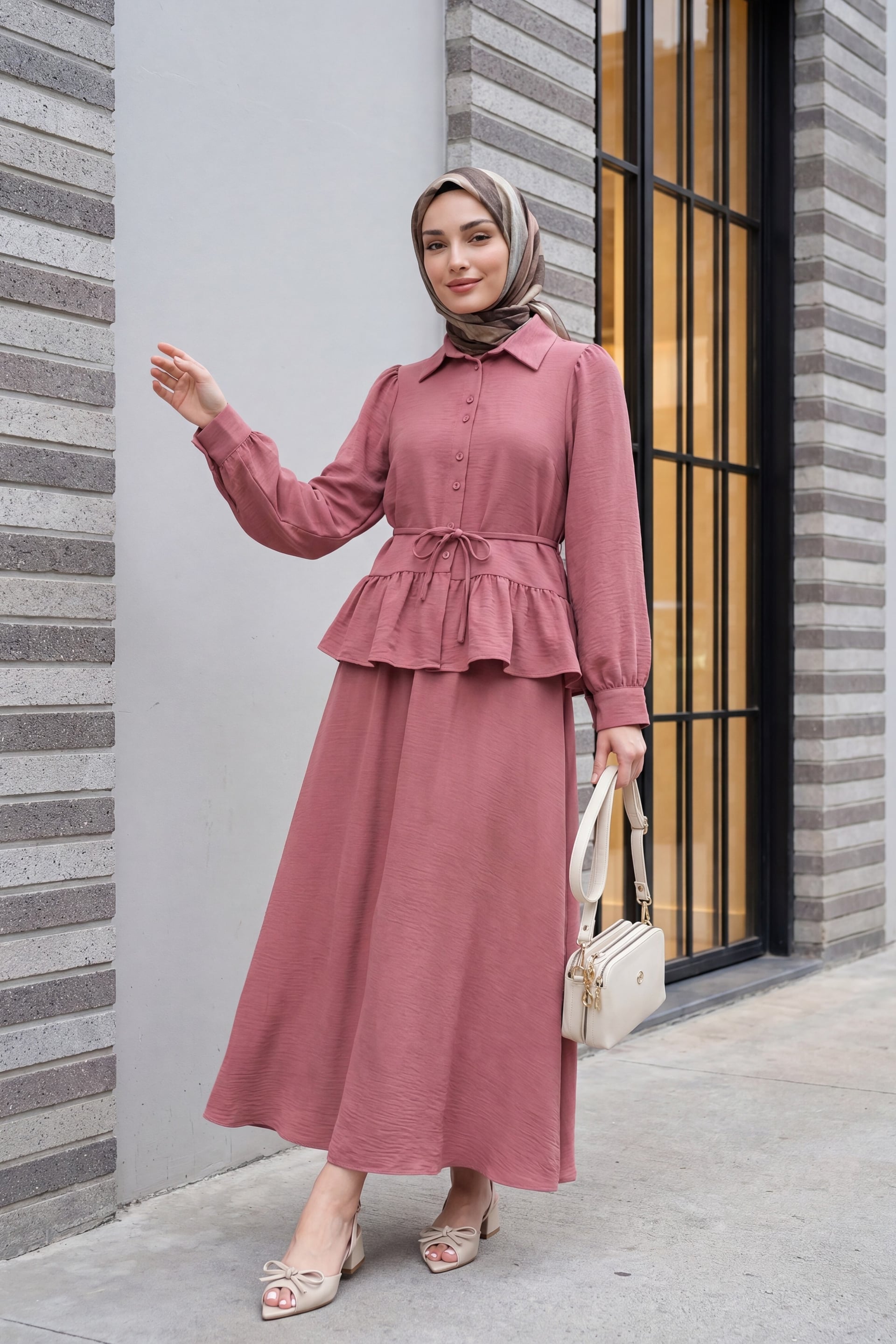 Dusty Rose Co-ord Set with Long-Sleeved Blouse and A-Line Maxi Skirt - Podyumplus - by Peralane