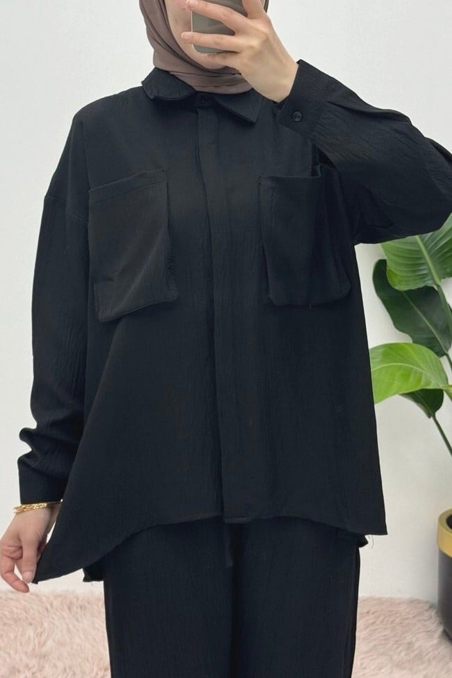 Black Two-Piece Linen Look Co-ord Set with Bellows Pockets - Podyumplus - by Peralane - photo 7