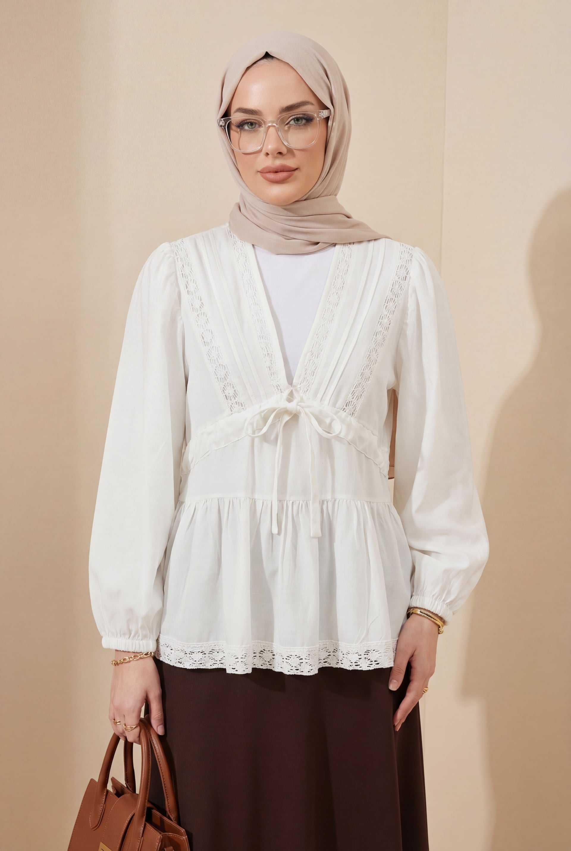 V-Neck Lace Trim Balloon Sleeve Viscose Blouse - White - Podyumplus - by Peralane - photo 4