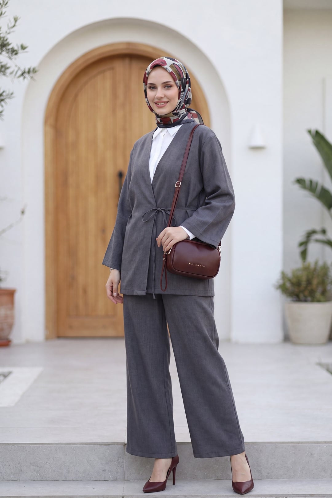 Front-Tie Wrap Top and Wide-Leg Trouser Two-Piece Set in Dark Grey - Podyumplus - by Peralane - photo 4