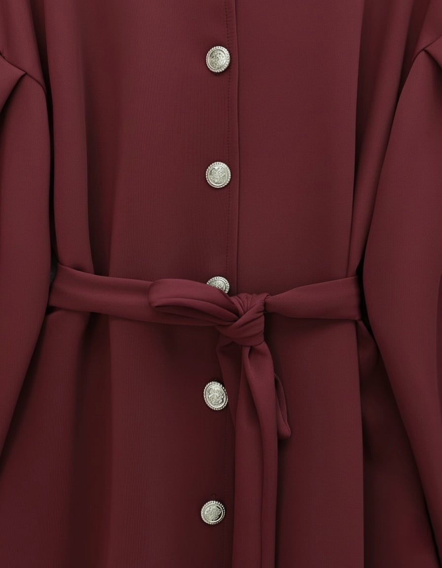 Women's Belted Scuba Two-Piece Set with Buttoned Top and Wide-Leg Pants - Burgundy - Podyumplus - by Peralane - photo 6