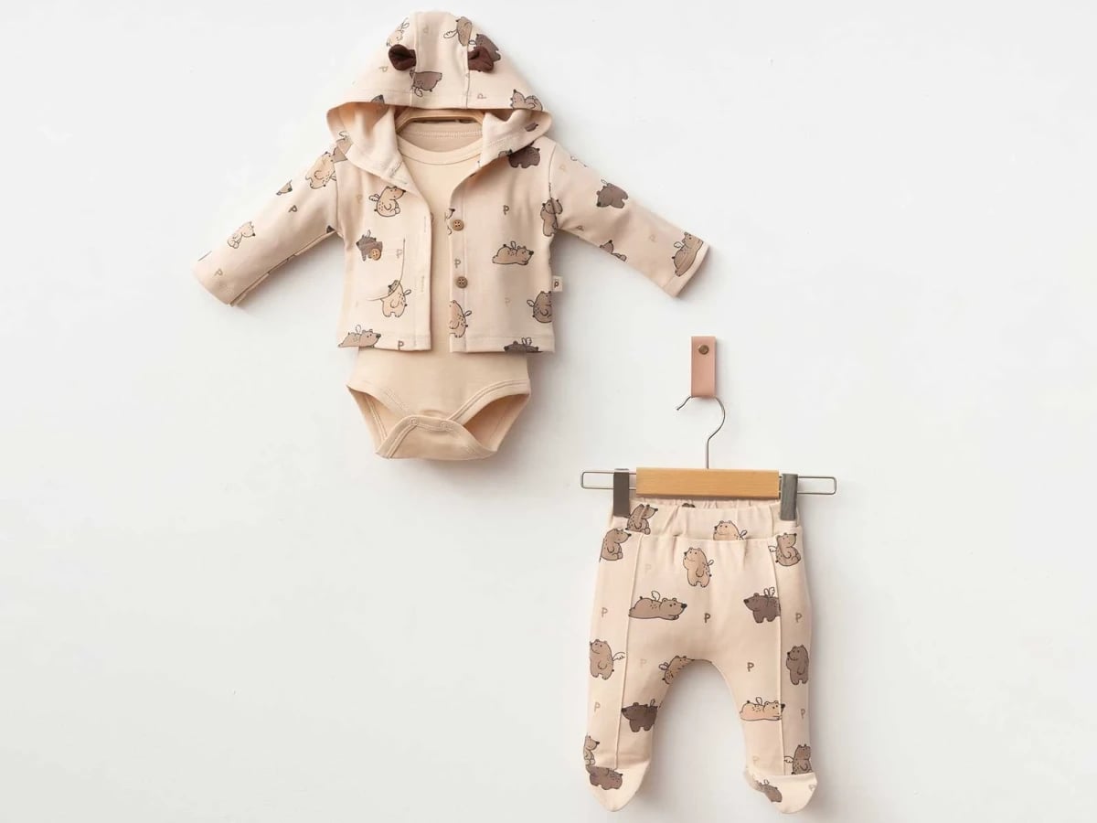 Bear Print Baby Boy Set - Bodysuit, Hooded Jacket, Footed Pants (Beige) - Pookie - by Peralane