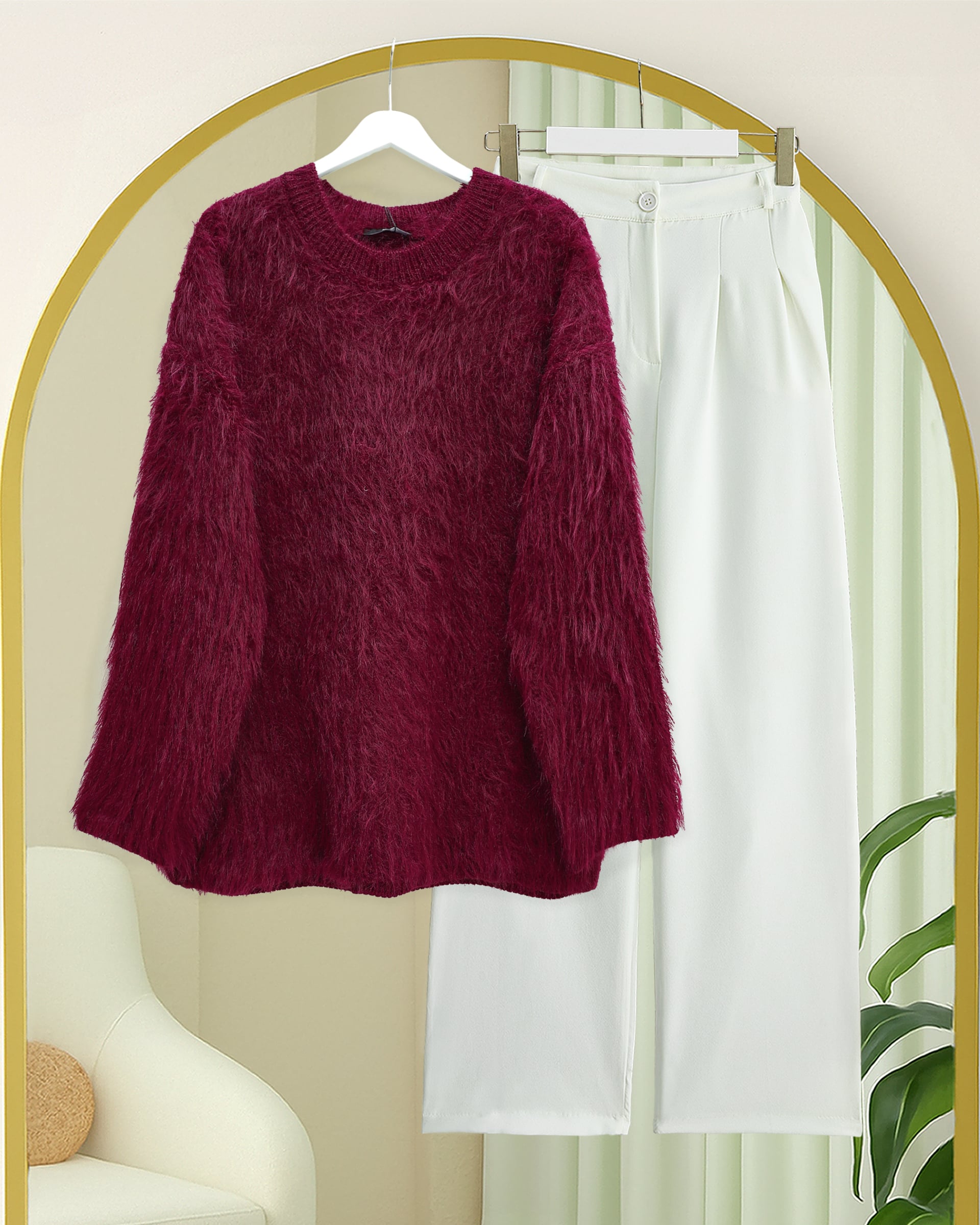 Round Neck Fuzzy Knit Tunic Sweater - Burgundy - Podyumplus - by Peralane - photo 3