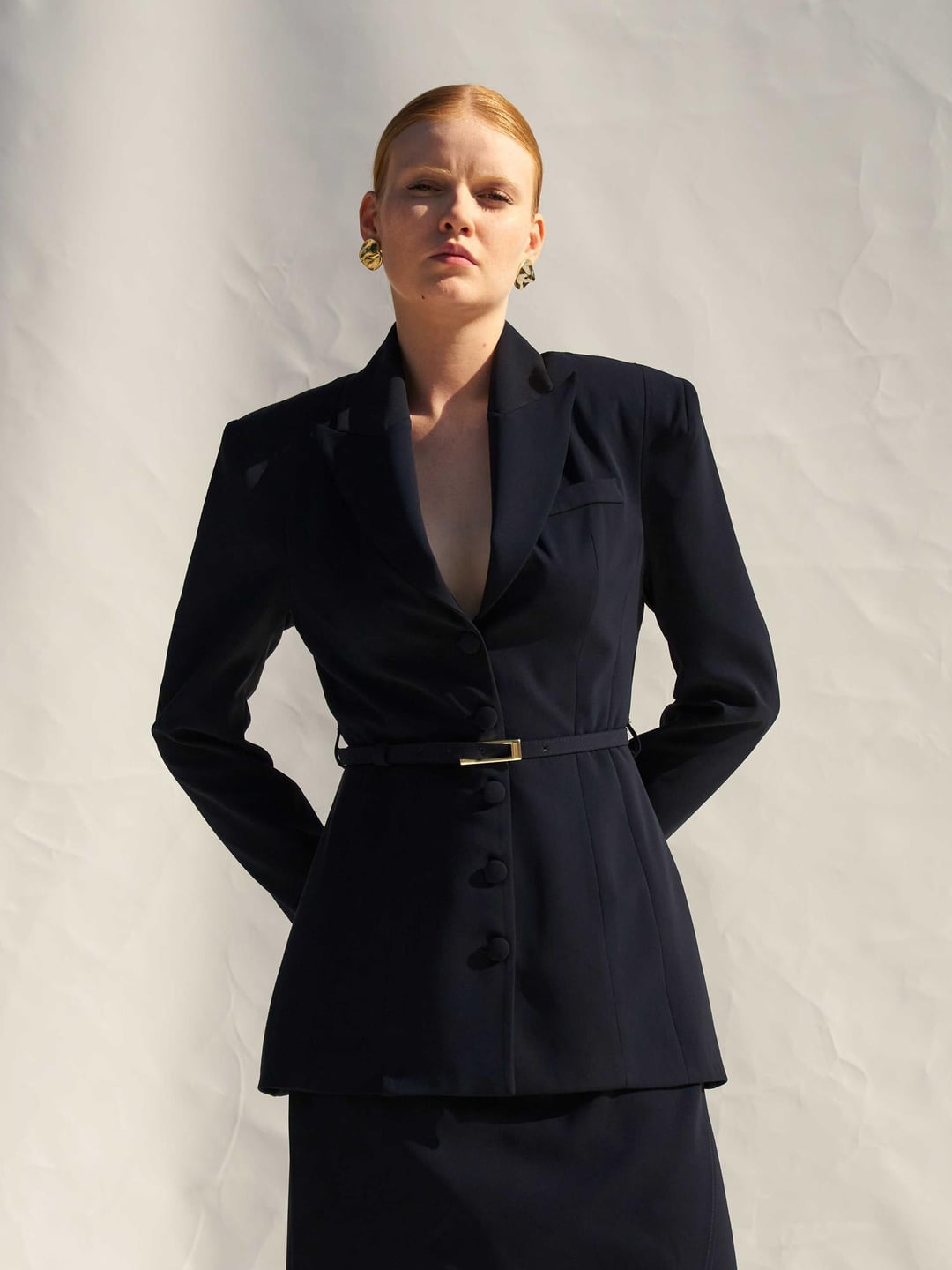 Navy Blue Padded Blazer with Belt - Lefon - by Peralane - photo 5