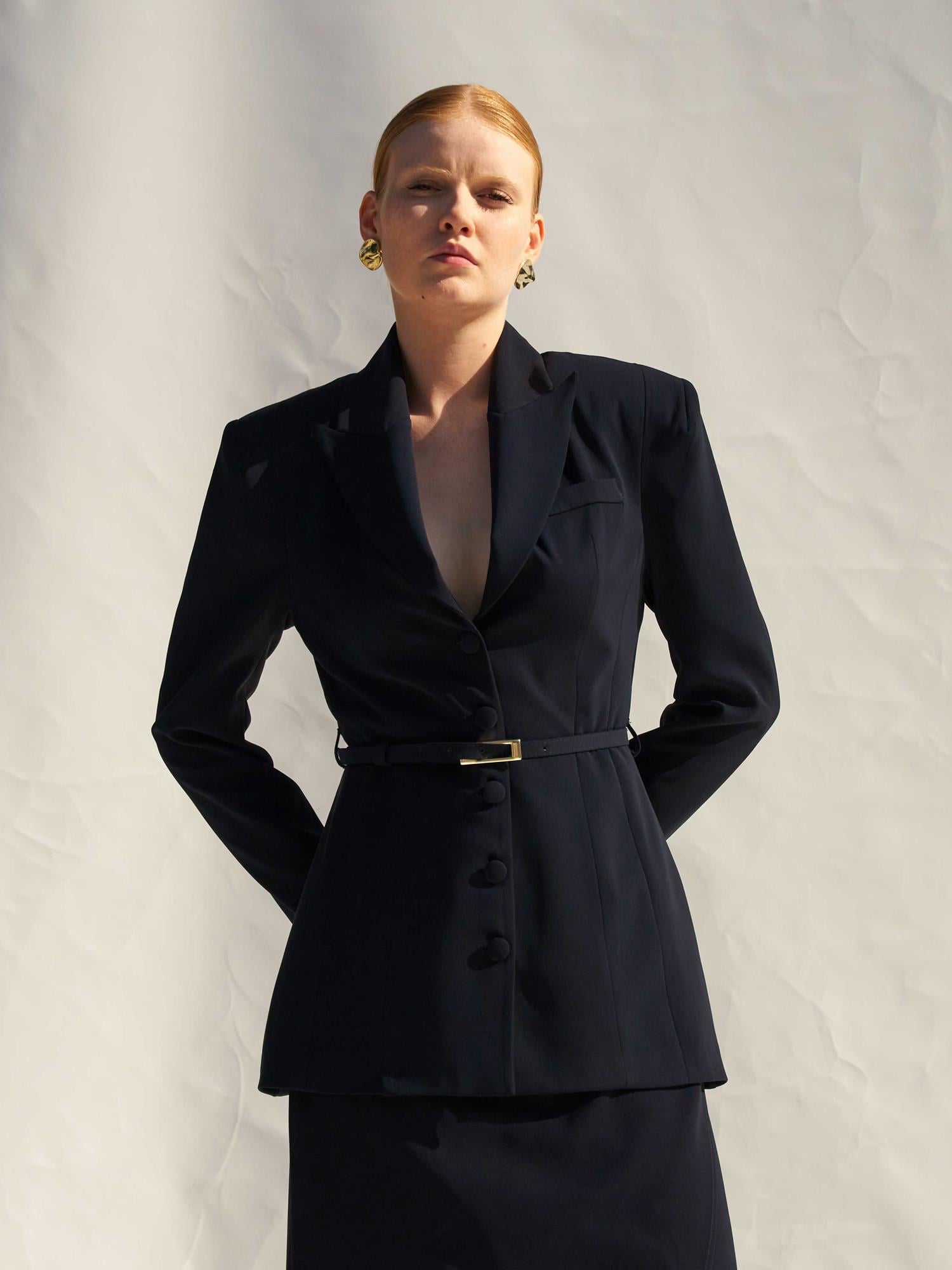 Navy Blue Padded Blazer with Belt - Lefon - by Peralane - photo 5