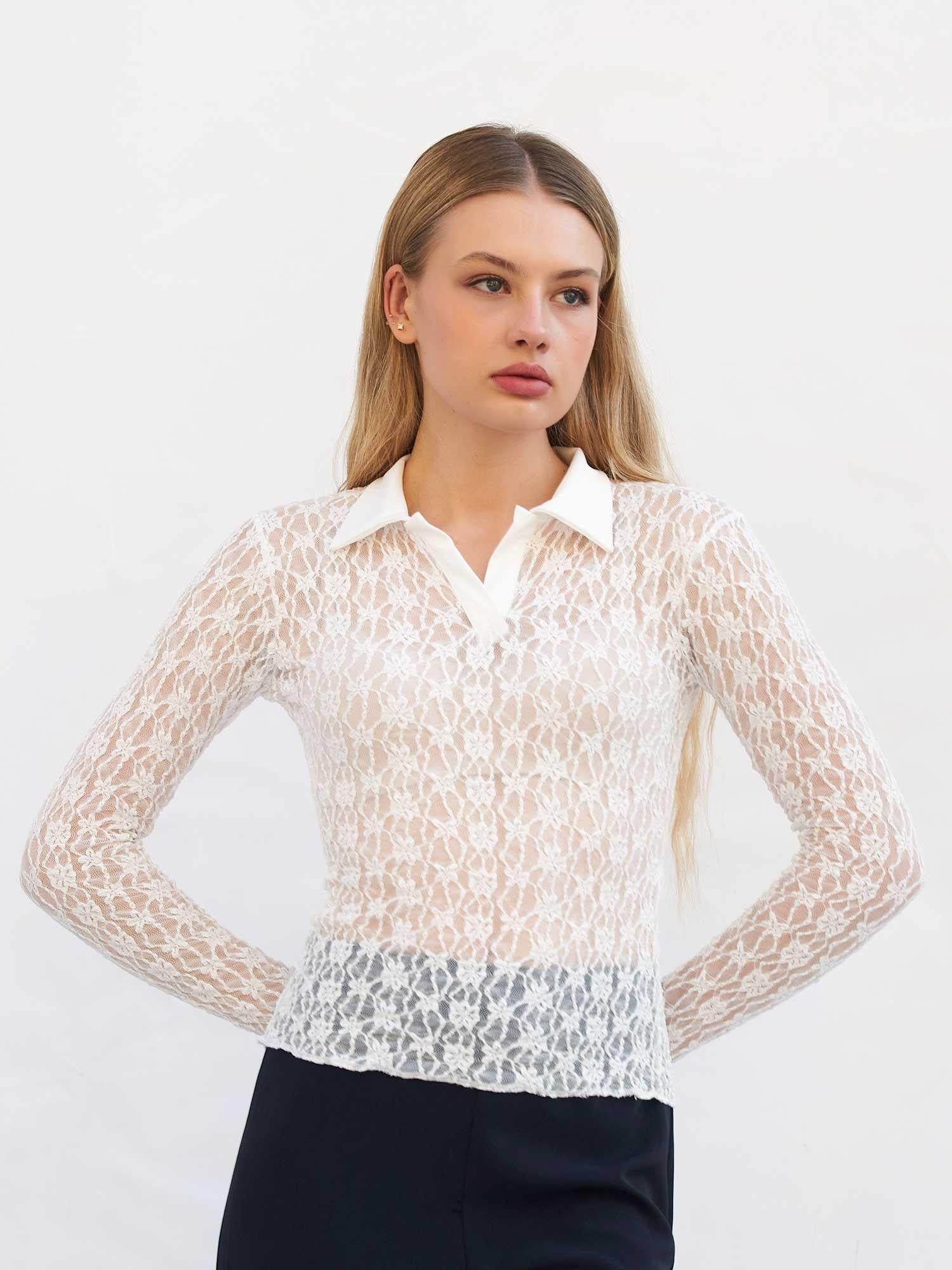 Lace Pointed Collar Blouse with Floral Pattern - Lefon - by Peralane - photo 4