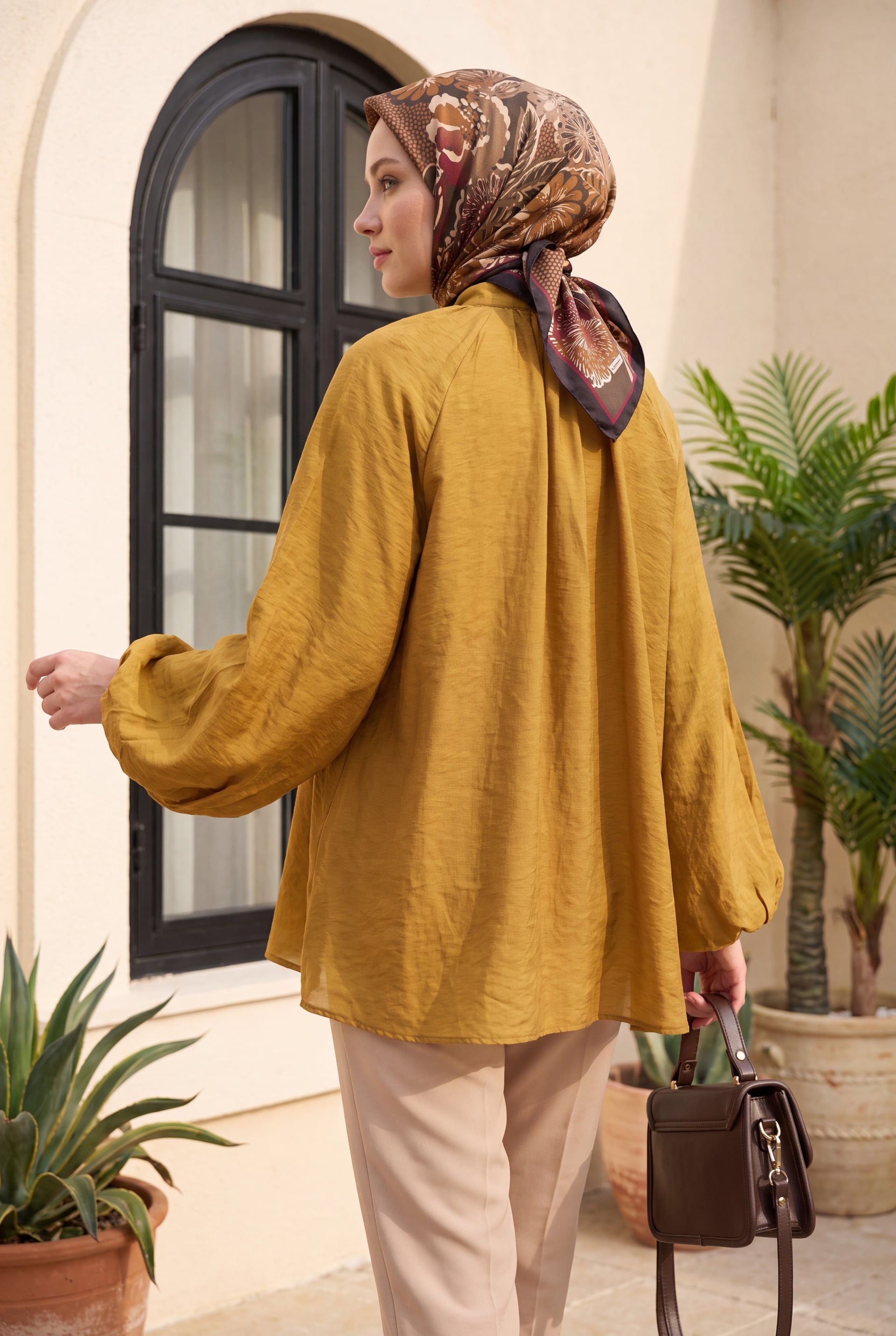 Tie-Front Half-Button Lined Oversize Tulle Voile Blouse - Tan - Podyumplus - by Peralane - photo 2