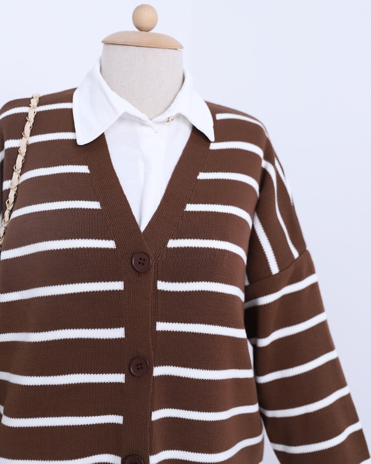 Striped Button-Up V-Neck Knit Cardigan - Brown - Podyumplus - by Peralane - photo 6