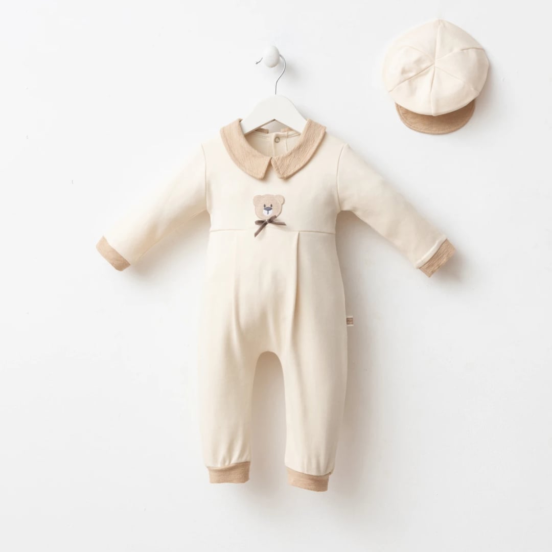 Cream Romper and Cap Set with Teddy Bear Embroidery - 3 Pack - Minizeyn - by Peralane