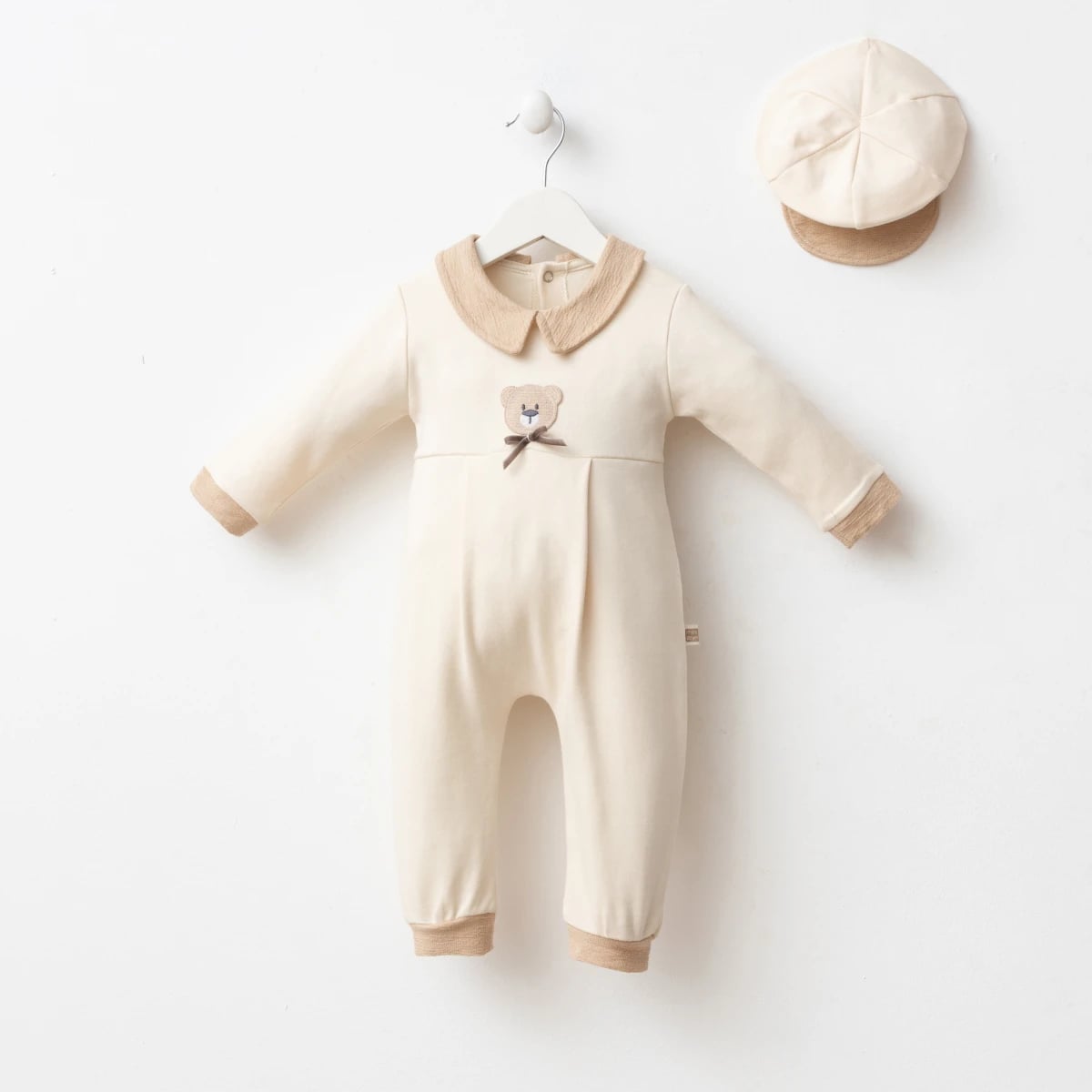 Cream Romper and Cap Set with Teddy Bear Embroidery - 3 Pack - Minizeyn - by Peralane