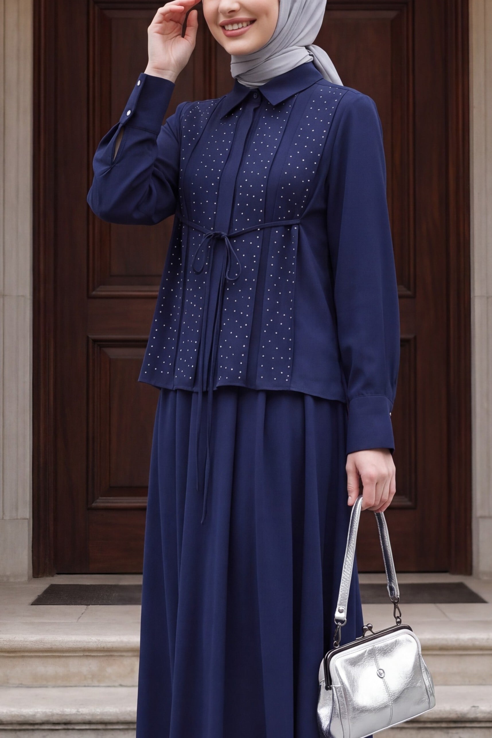 Navy Blue Beaded Lace-Up Shirt and Skirt Two-Piece Modal Set - Podyumplus - by Peralane
