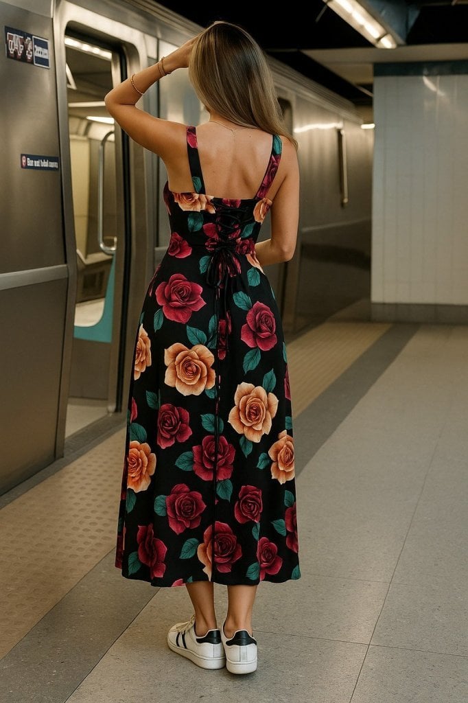 Women's Spaghetti Strap Floral Print Dress with Sweetheart Neckline and Side Slit - Janes - by Peralane - photo 2