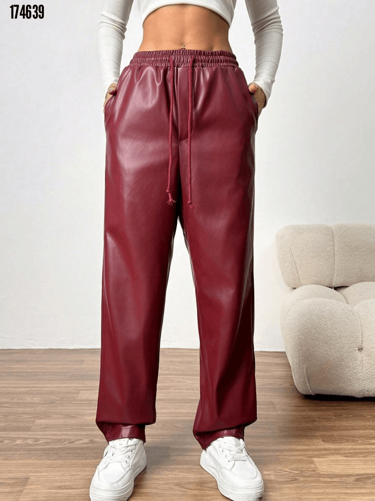 Women's High-Waist Drawstring Faux Leather Trousers - Janes - by Peralane - photo 3
