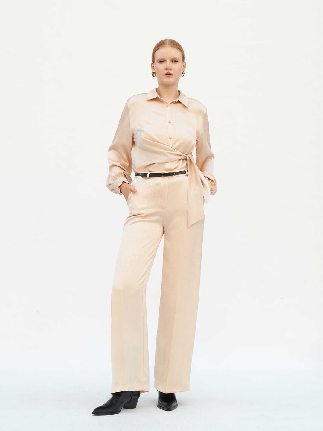 Crinkle Satin Belted Straight-Leg Trousers with Blouse Set - Lefon - by Peralane - photo 4
