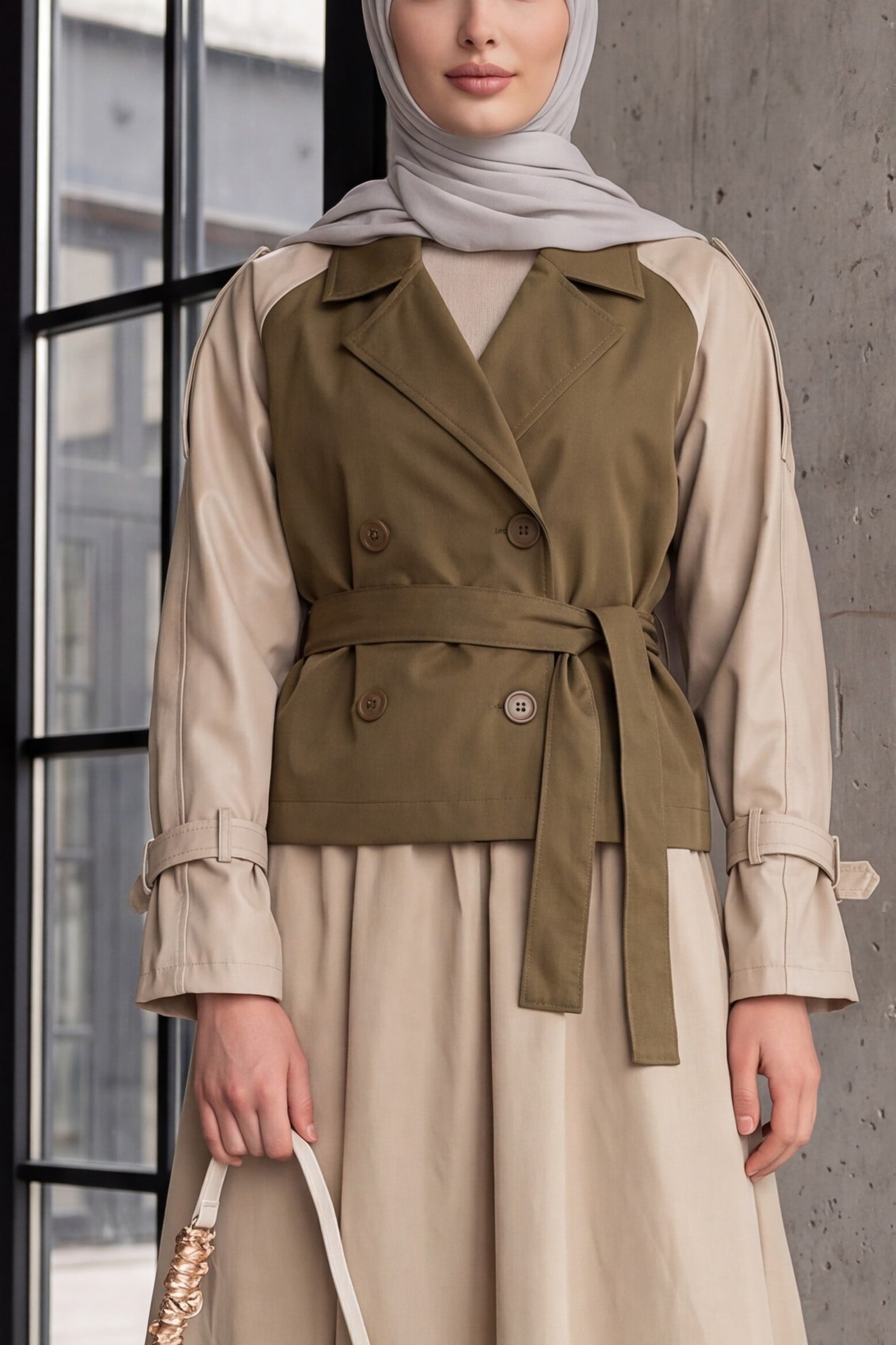 Women's Belted Short Trench Coat - Dark Khaki - Bigdart - by Peralane