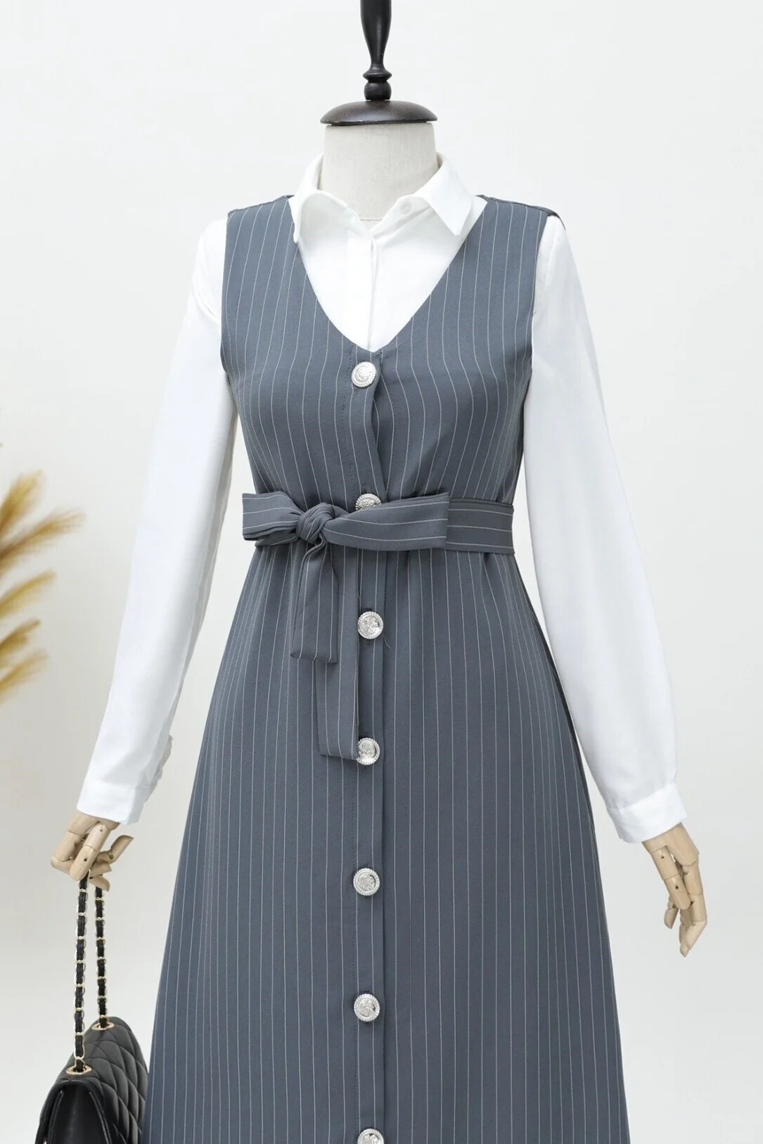 Grey Pinstripe V-Neck Belted Jile Dress - Podyumplus - by Peralane - photo 4