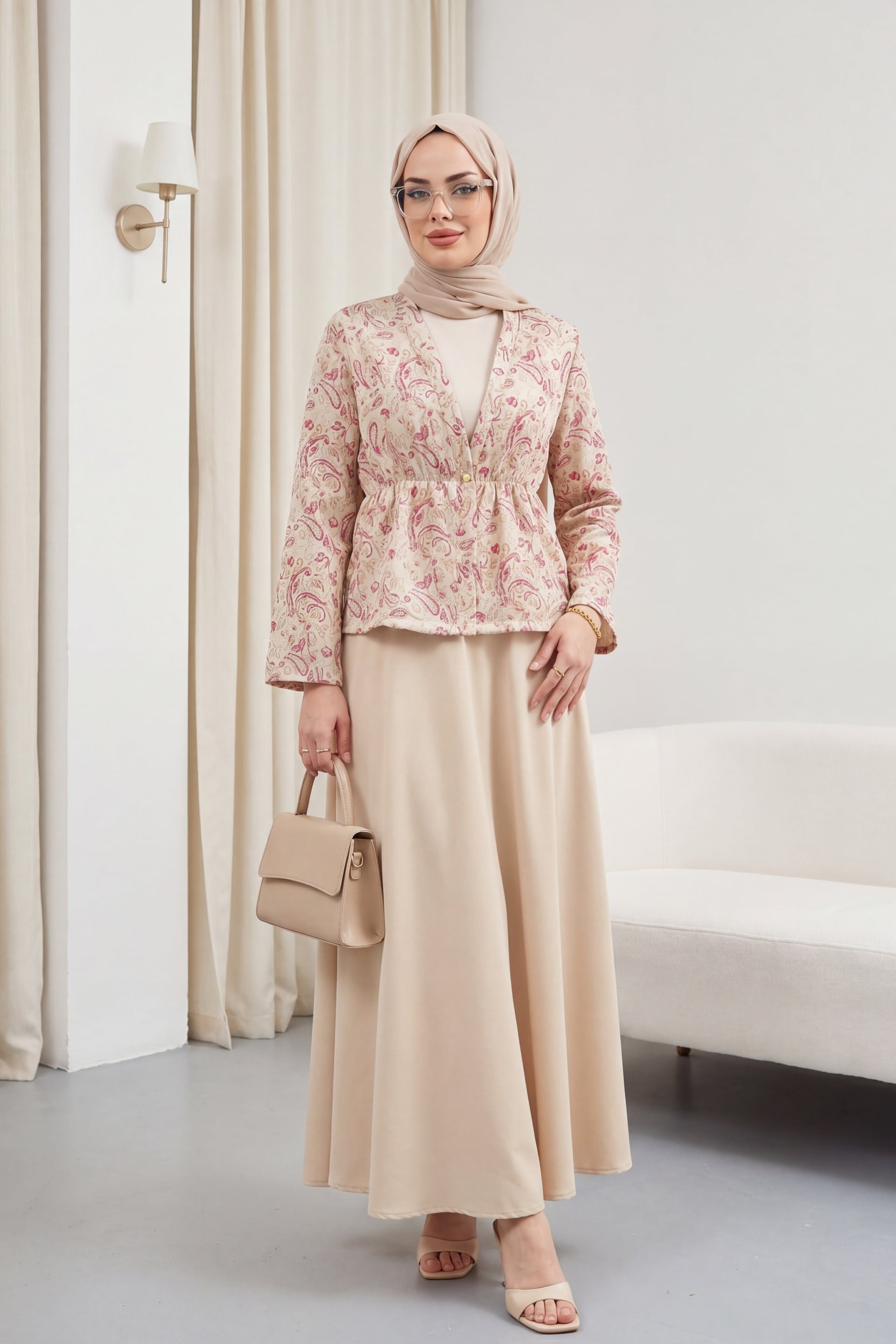 V-Neck Cinched Waist Printed Two-Piece Set - Beige - Podyumplus - by Peralane