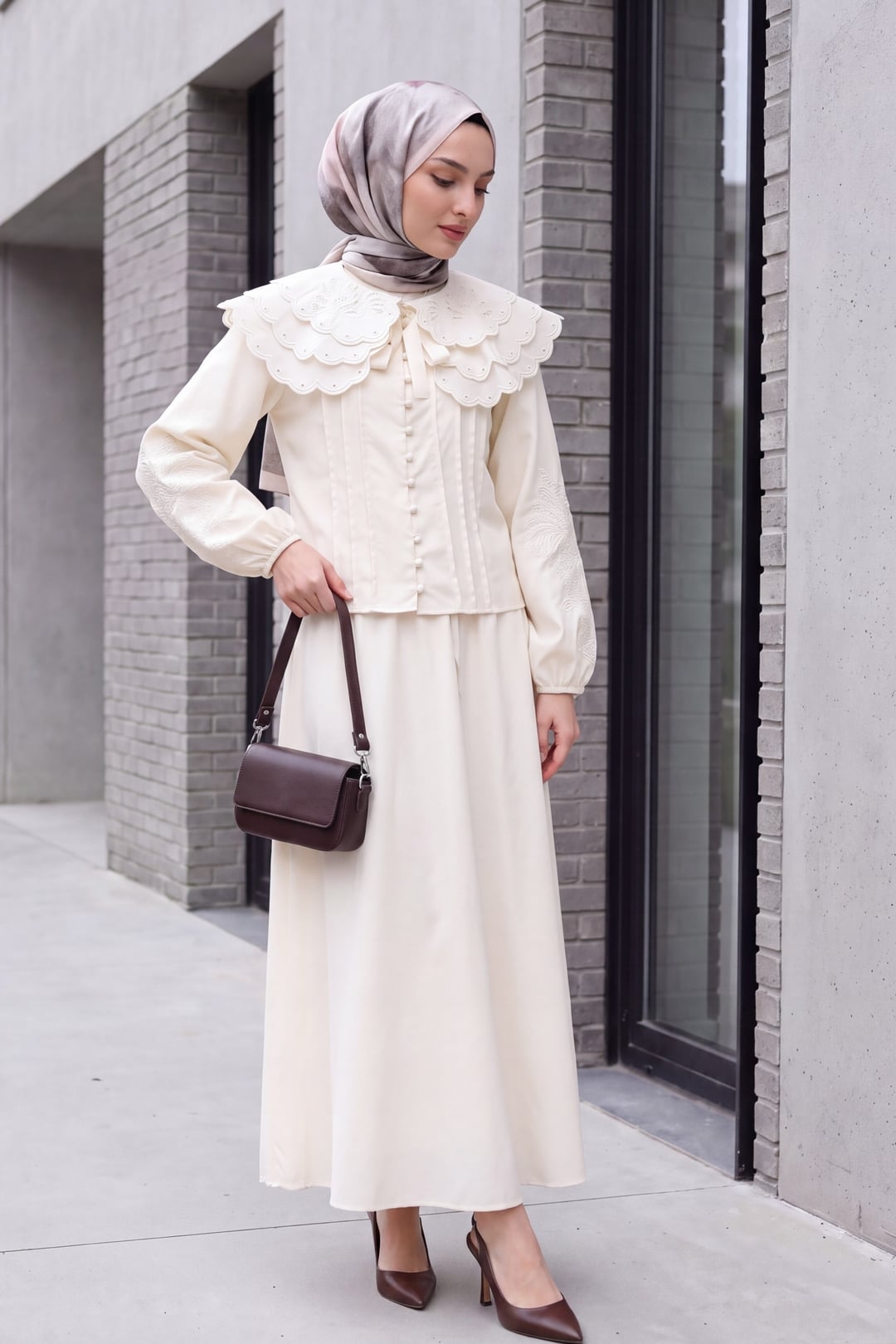 Cream Poplin Modest Two-Piece Set with Eyelet Collar and Lined Skirt - Podyumplus - by Peralane - photo 3