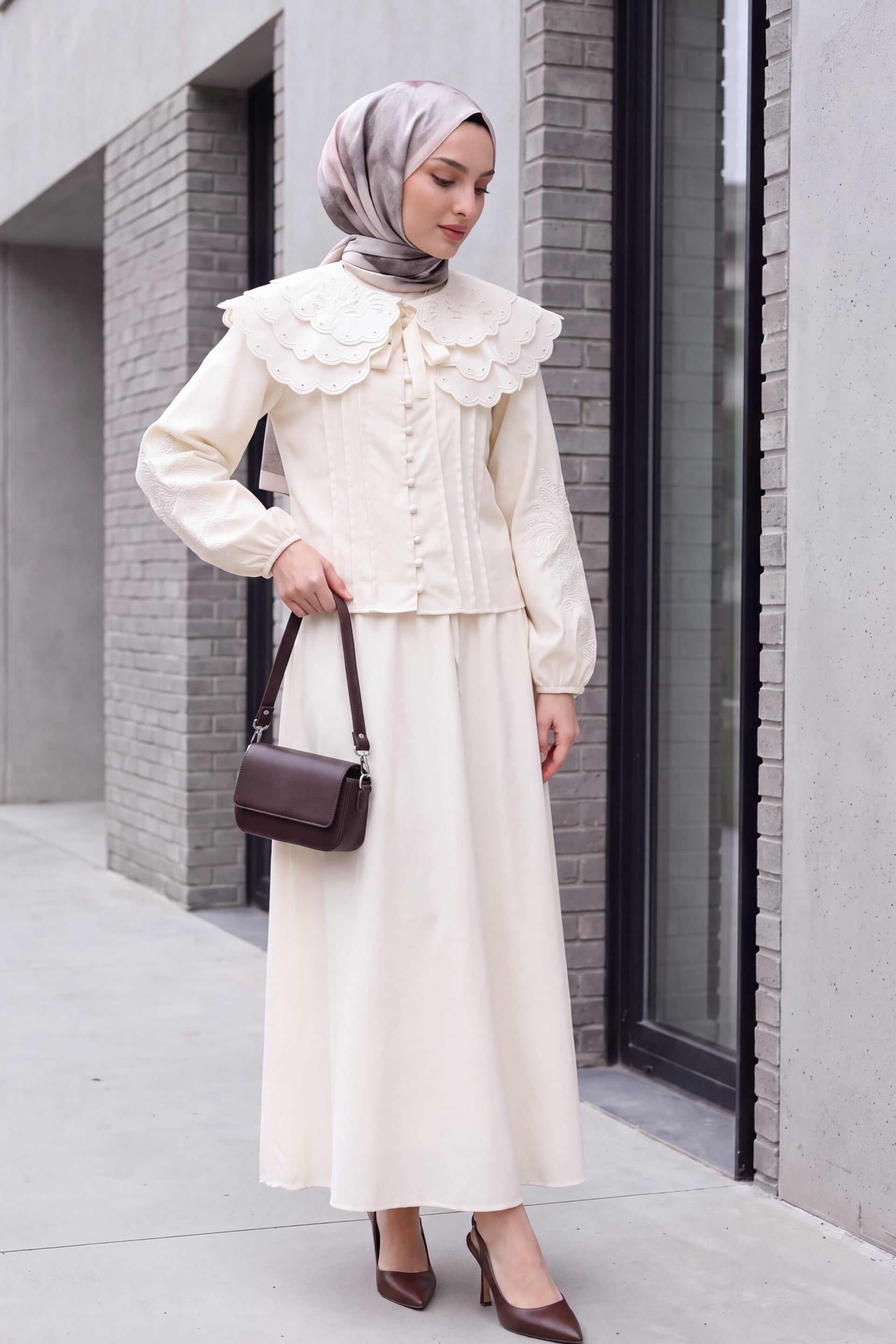 Cream Poplin Modest Two-Piece Set with Eyelet Collar and Lined Skirt - Podyumplus - by Peralane - photo 3