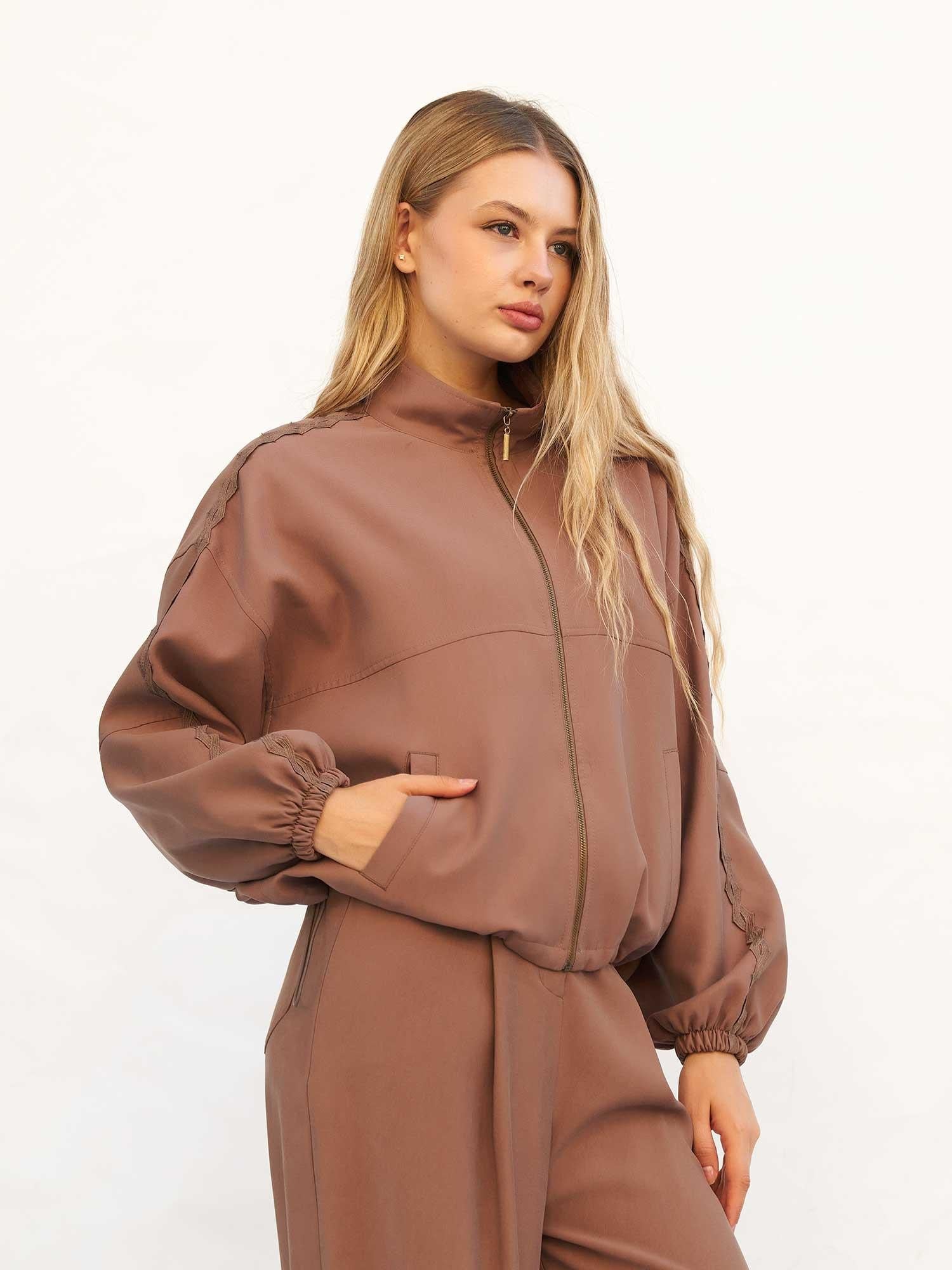 Women's Solid Brown Bomber Jacket with Lace Trim - Lefon - by Peralane - photo 5