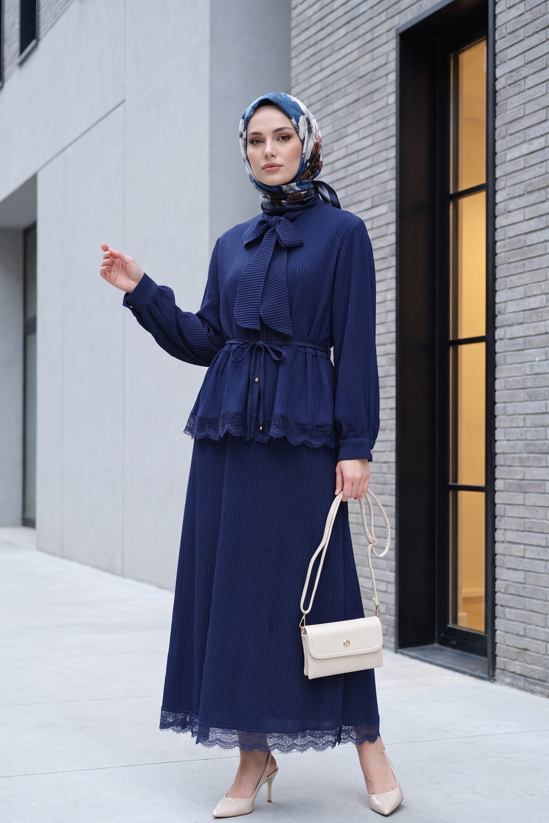 Navy Blue Tie-Waist Blouse and Lace-Trim Pleated Crepe Skirt Set - Podyumplus - by Peralane - photo 2