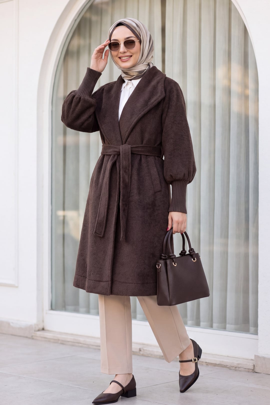 Ribbed Cuff Shawl Collar Lined Melton Coat - Dark Brown - Podyumplus - by Peralane - photo 2
