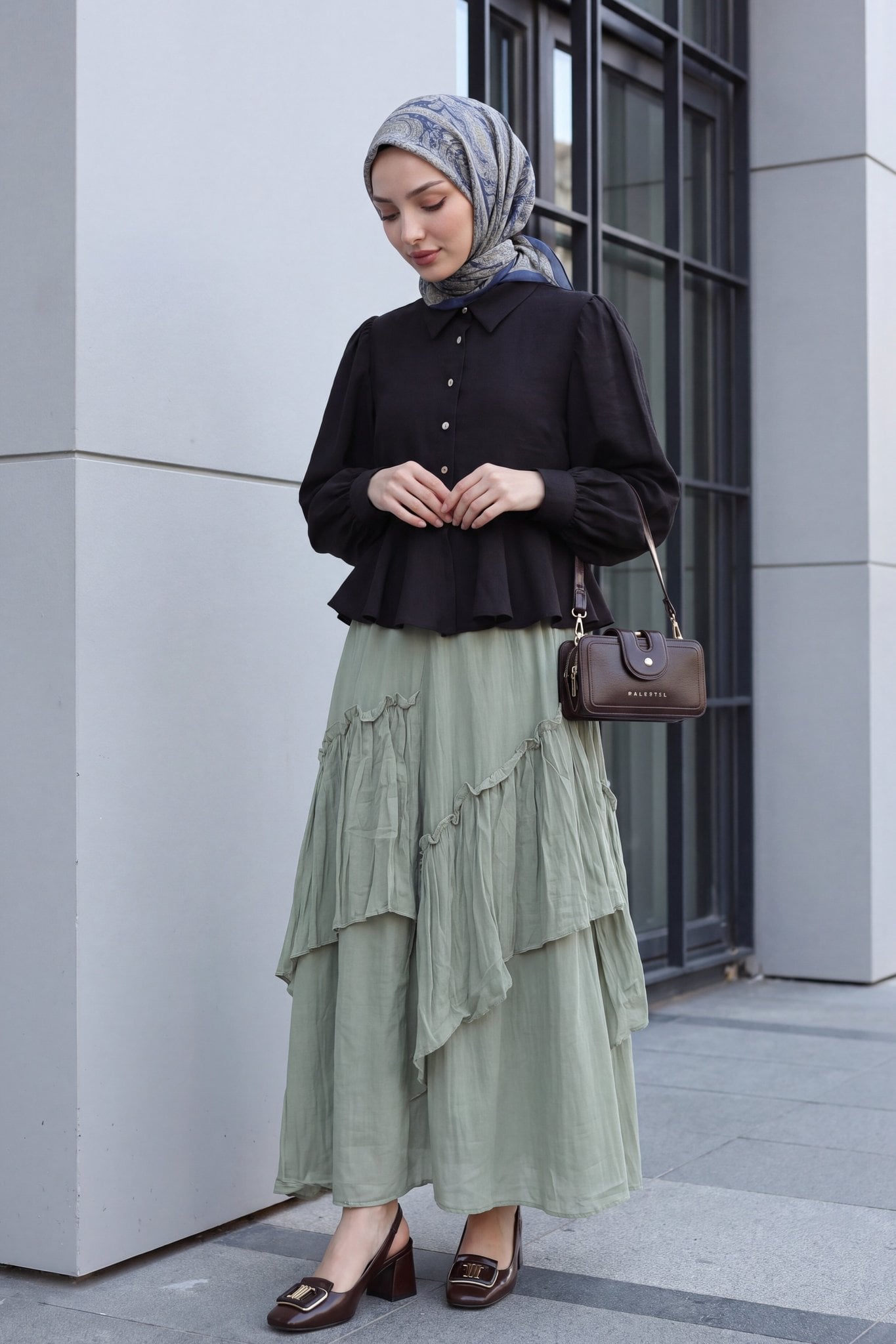 Elastic Waist Tiered Voile Skirt with Blouse Set - Sage Green and Black - Podyumplus - by Peralane