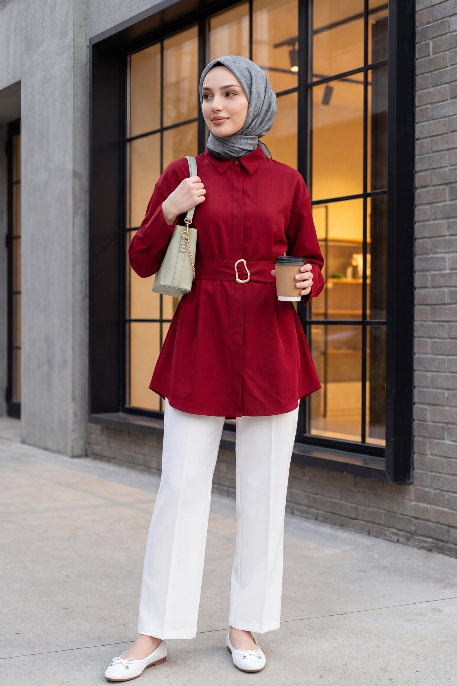 Burgundy Poplin Tunic with Buckled Belt and Double Cuff Sleeves - Podyumplus - by Peralane - photo 5
