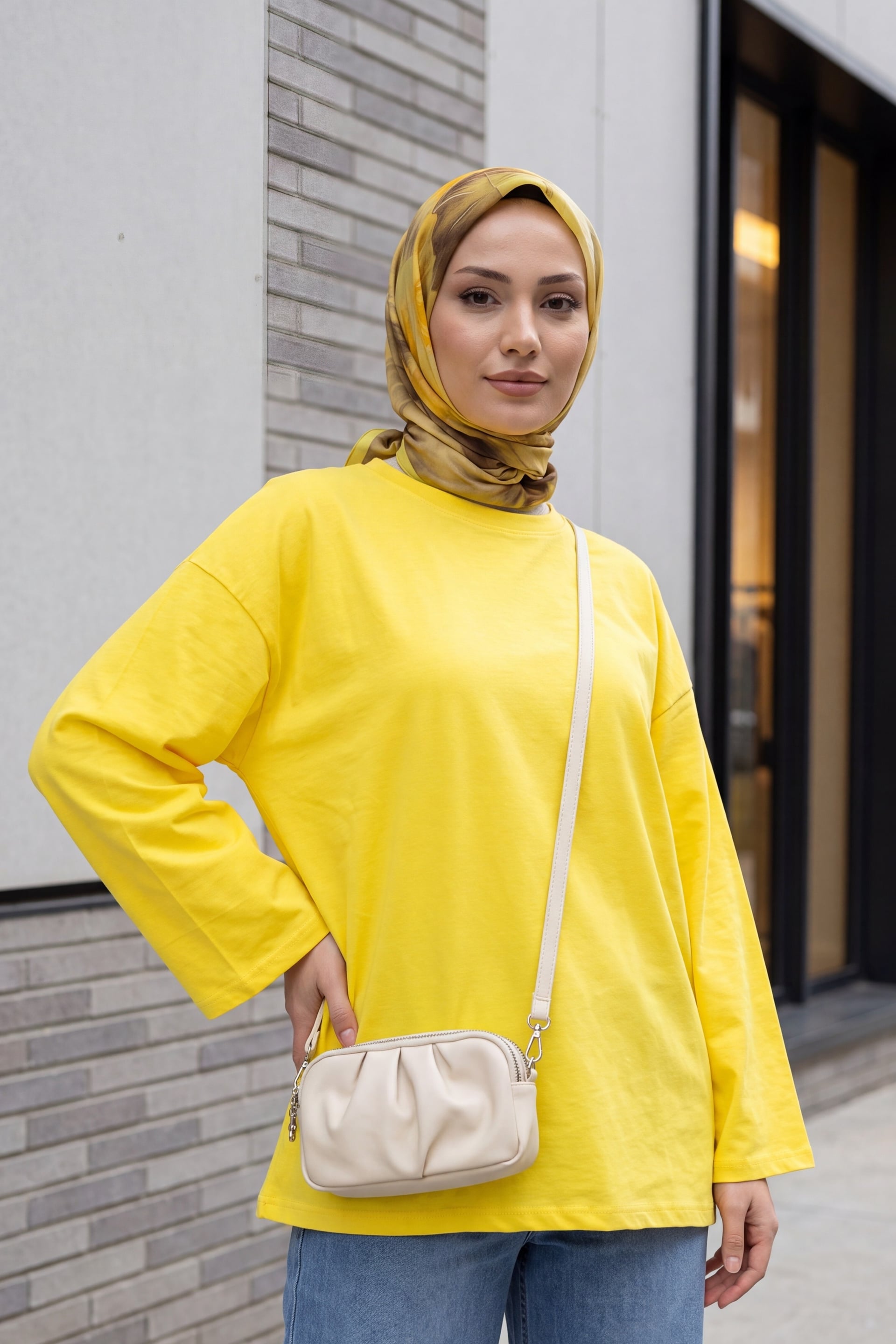 Round Neck Relaxed Fit Jersey Tunic - Yellow - Podyumplus - by Peralane - photo 5