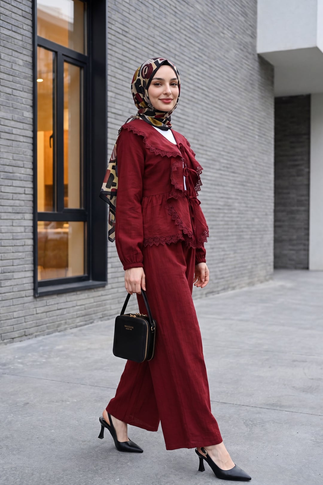 Lace Trim Tie-Front Trousers Set in Deep Red - Podyumplus - by Peralane - photo 2