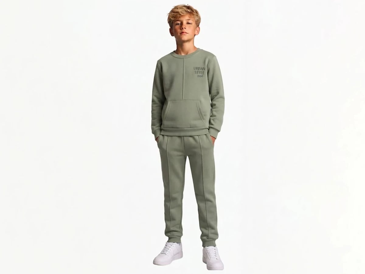 Boys' 3-Piece Hooded Sweatshirt and Trousers Set with Kangaroo Pocket - Sage Green, Pack of 4 - Koska - by Peralane