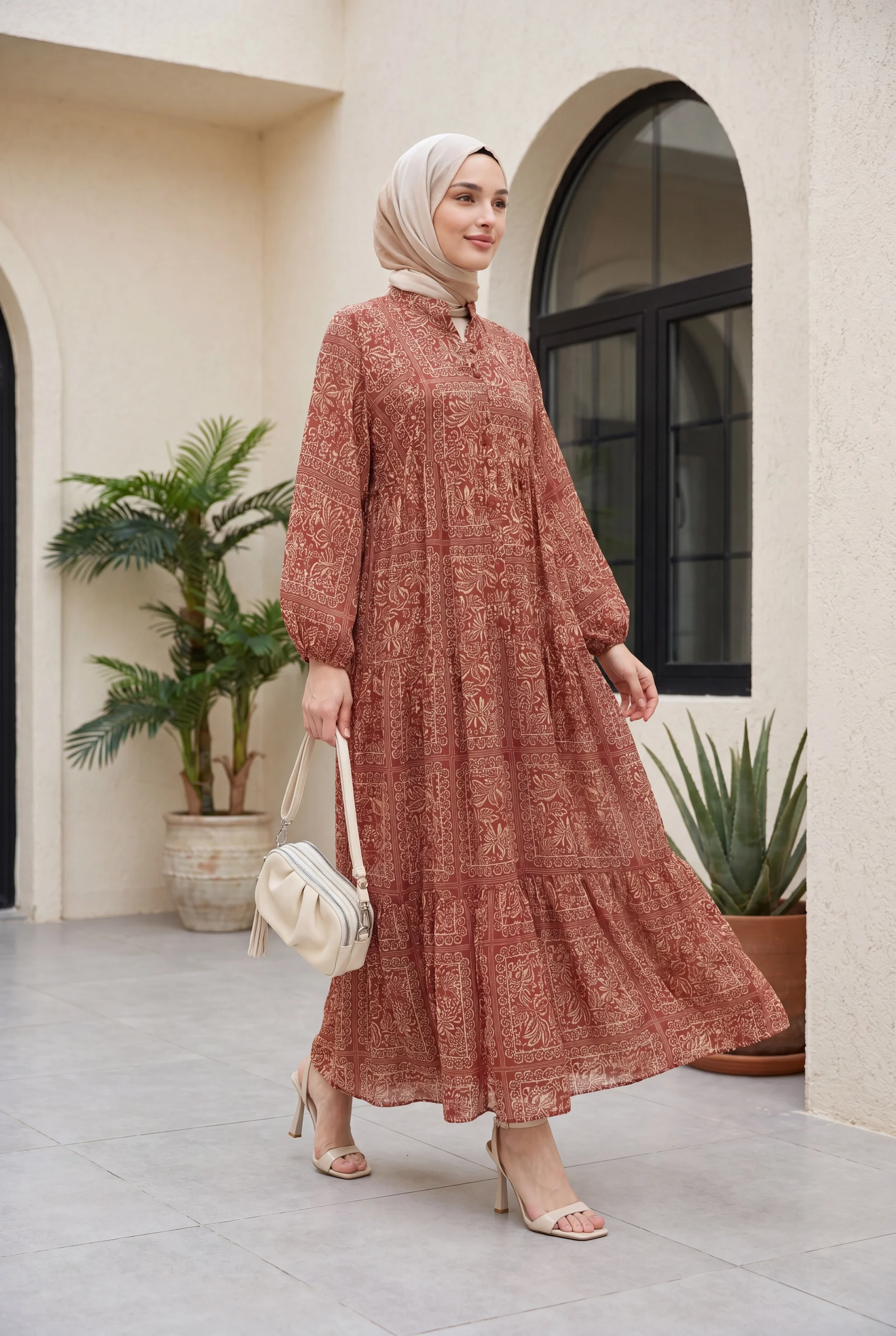 Half Button Mixed Print Sleeve Elastic Dress - Rust - Podyumplus - by Peralane