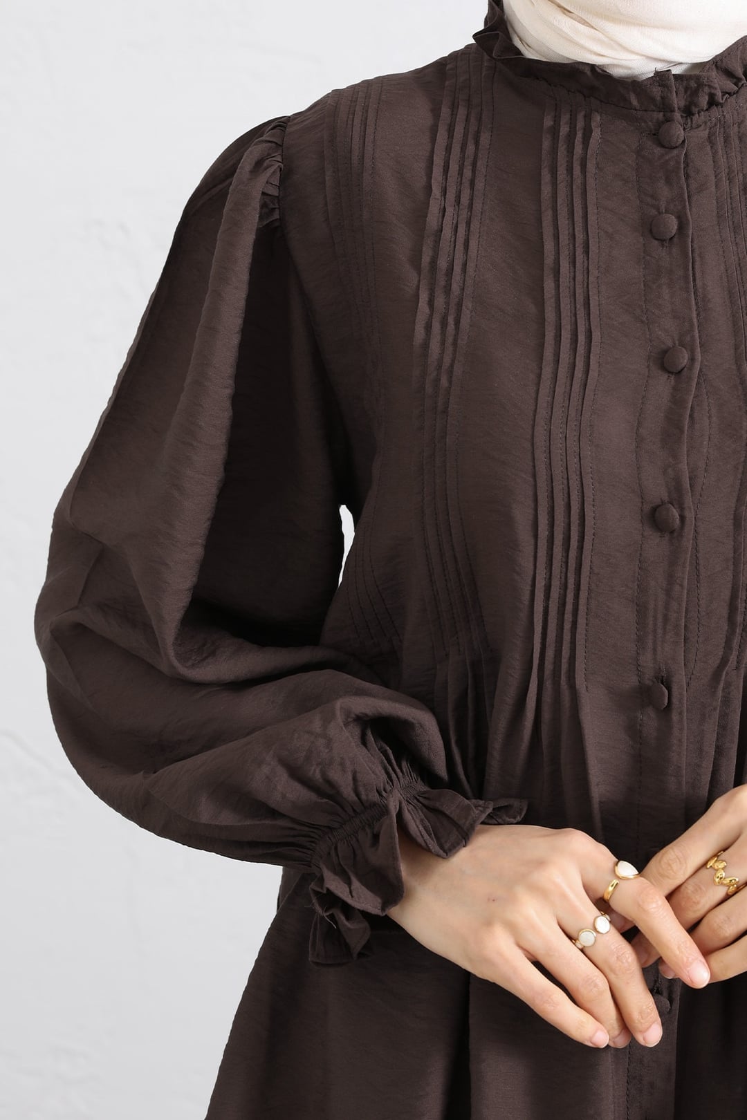 Ruffled Sleeve Lace-Up Ribbed Cupro Tunic - Dark Brown - Podyumplus - by Peralane - photo 5