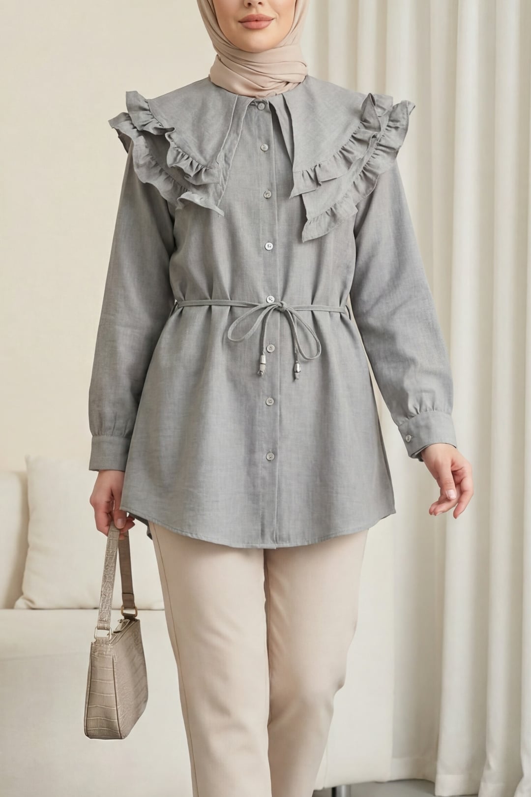 Women's Double-Layer Ruffle Collar Buttoned Tie-Belt Linen Look Tunic - Grey - Podyumplus - by Peralane - photo 4