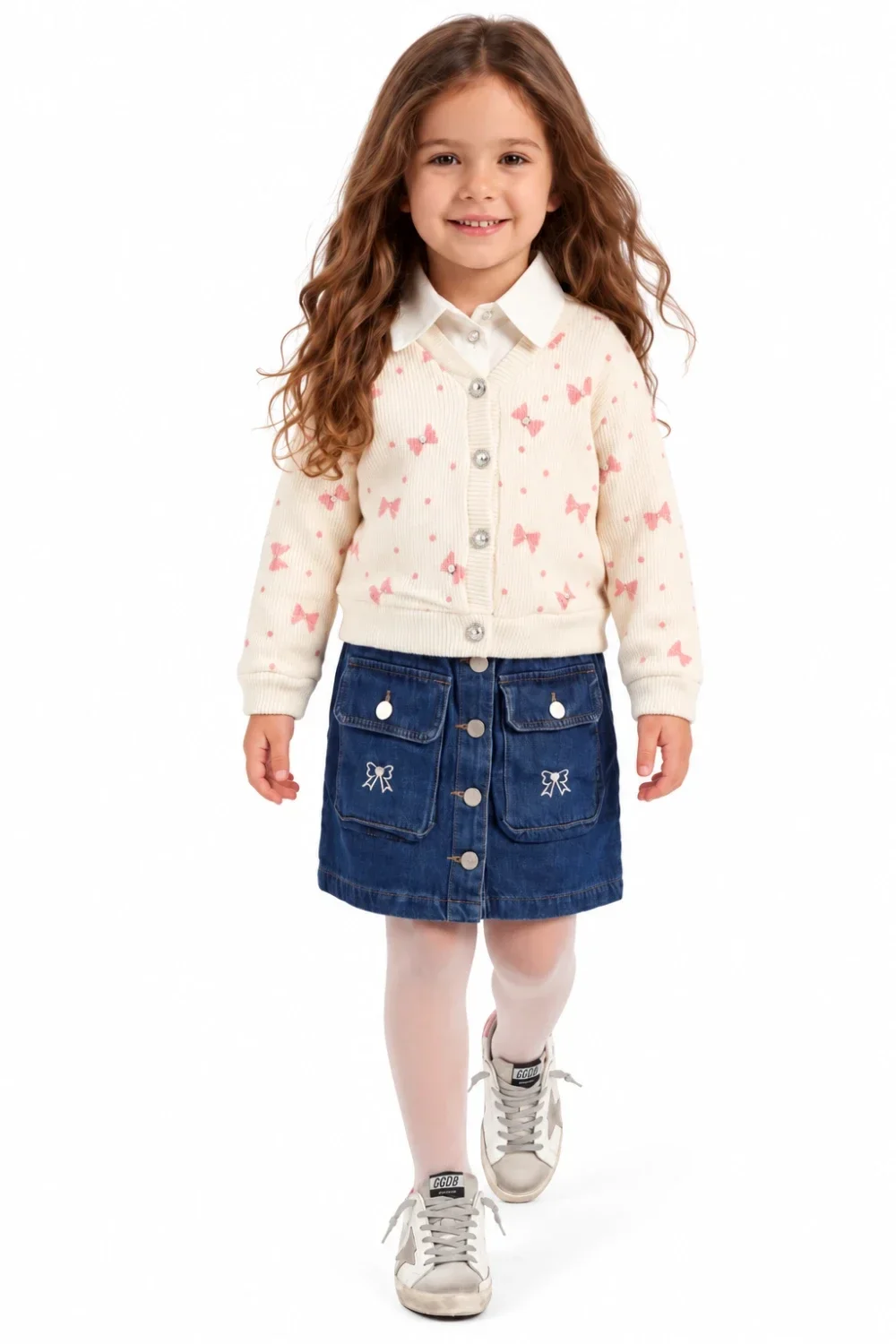 Girl's Cardigan and Skirt Set with Bow Pattern - Cream - Has Bereket - by Peralane